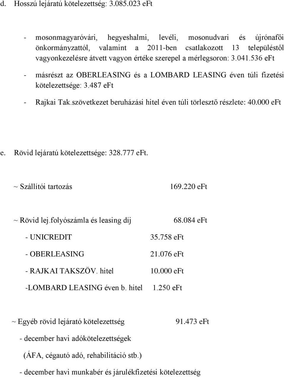 536 eft - másrészt az OBERLEASING és a LOMBARD LEASING éven túli fizetési kötelezettsége: 3.487 eft - Rajkai Tak.szövetkezet beruházási hitel éven túli törlesztő részlete: 4. eft e.