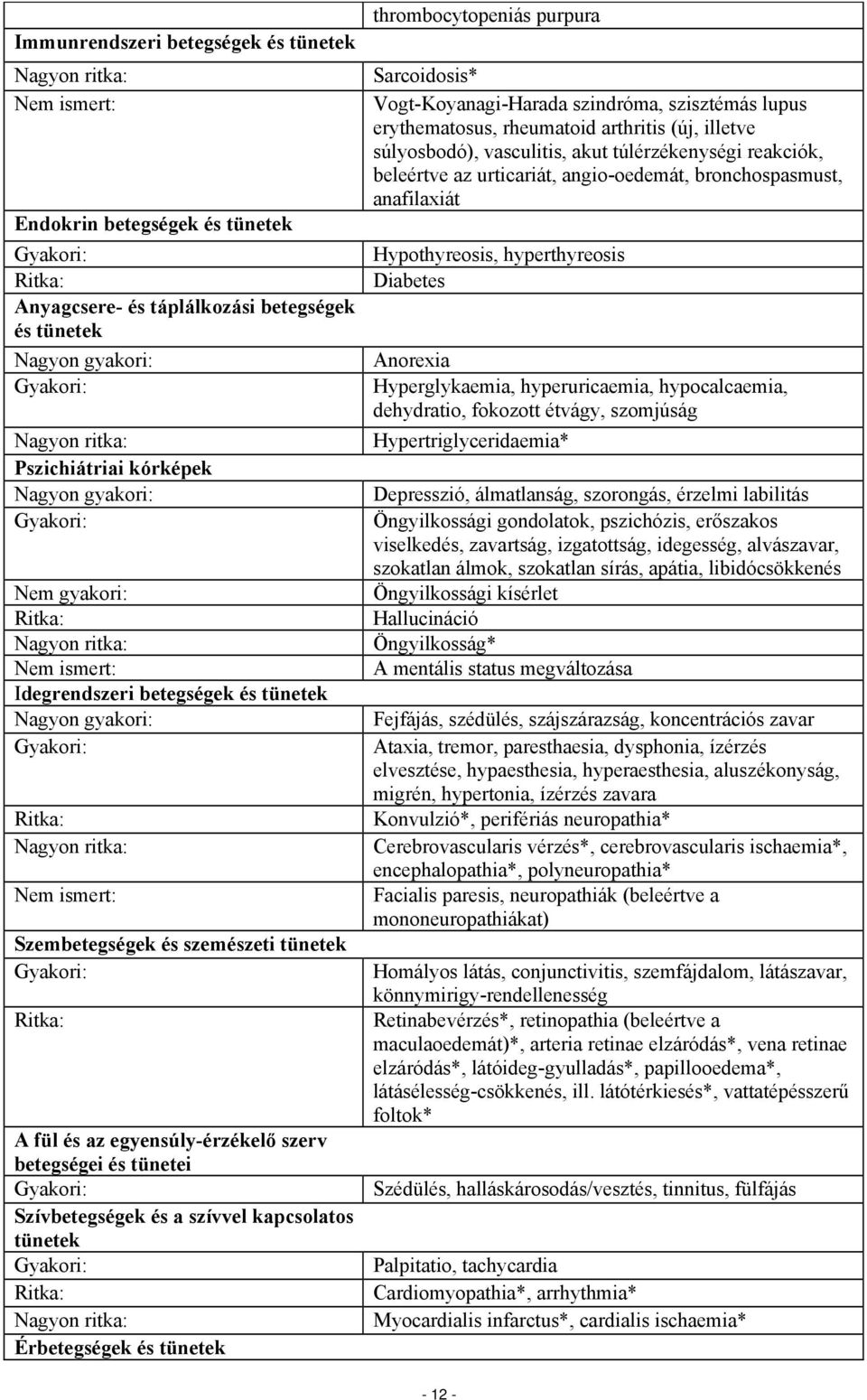 betegségei és tünetei Szívbetegségek és a szívvel kapcsolatos tünetek Ritka: Nagyon ritka: Érbetegségek és tünetek thrombocytopeniás purpura Sarcoidosis* Vogt-Koyanagi-Harada szindróma, szisztémás