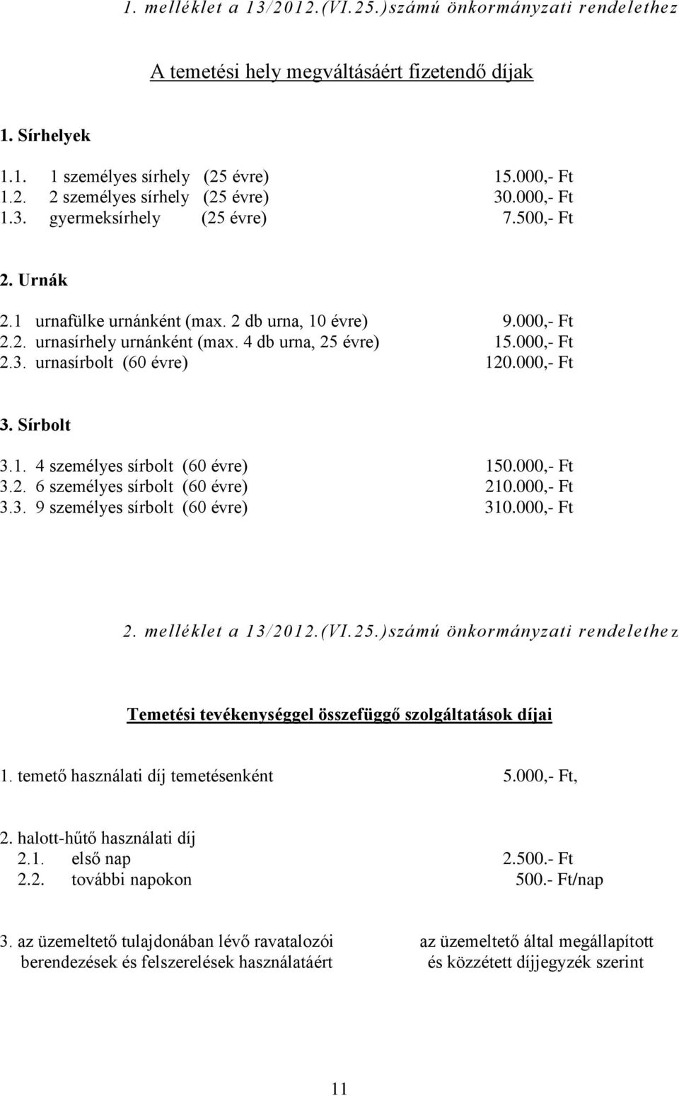 000,- Ft 3. Sírbolt 3.1. 4 személyes sírbolt (60 évre) 150.000,- Ft 3.2. 6 személyes sírbolt (60 évre) 210.000,- Ft 3.3. 9 személyes sírbolt (60 évre) 310.000,- Ft 2. melléklet a 13/2012.(VI.25.