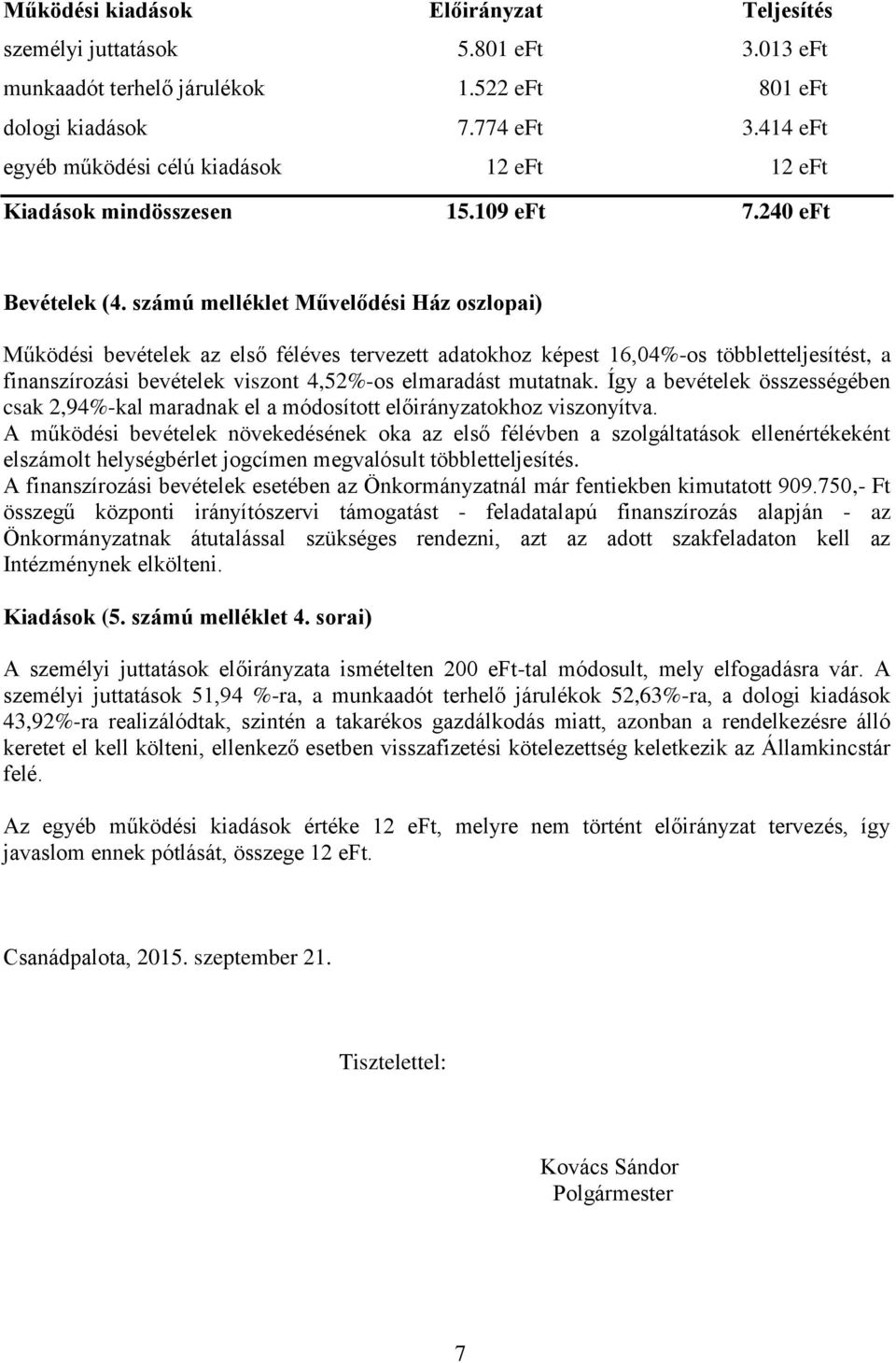 számú melléklet Művelődési Ház oszlopai) Működési bevételek az első féléves tervezett adatokhoz képest 16,04%-os többletteljesítést, a finanszírozási bevételek viszont 4,52%-os elmaradást mutatnak.