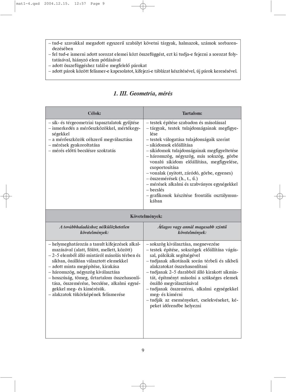 folytatásával, hiányzó elem pótlásával adott összefüggéshez talál-e megfelelõ párokat adott párok között felismer-e kapcsolatot, kifejezi-e táblázat készítésével, új párok keresésével. 1. III.