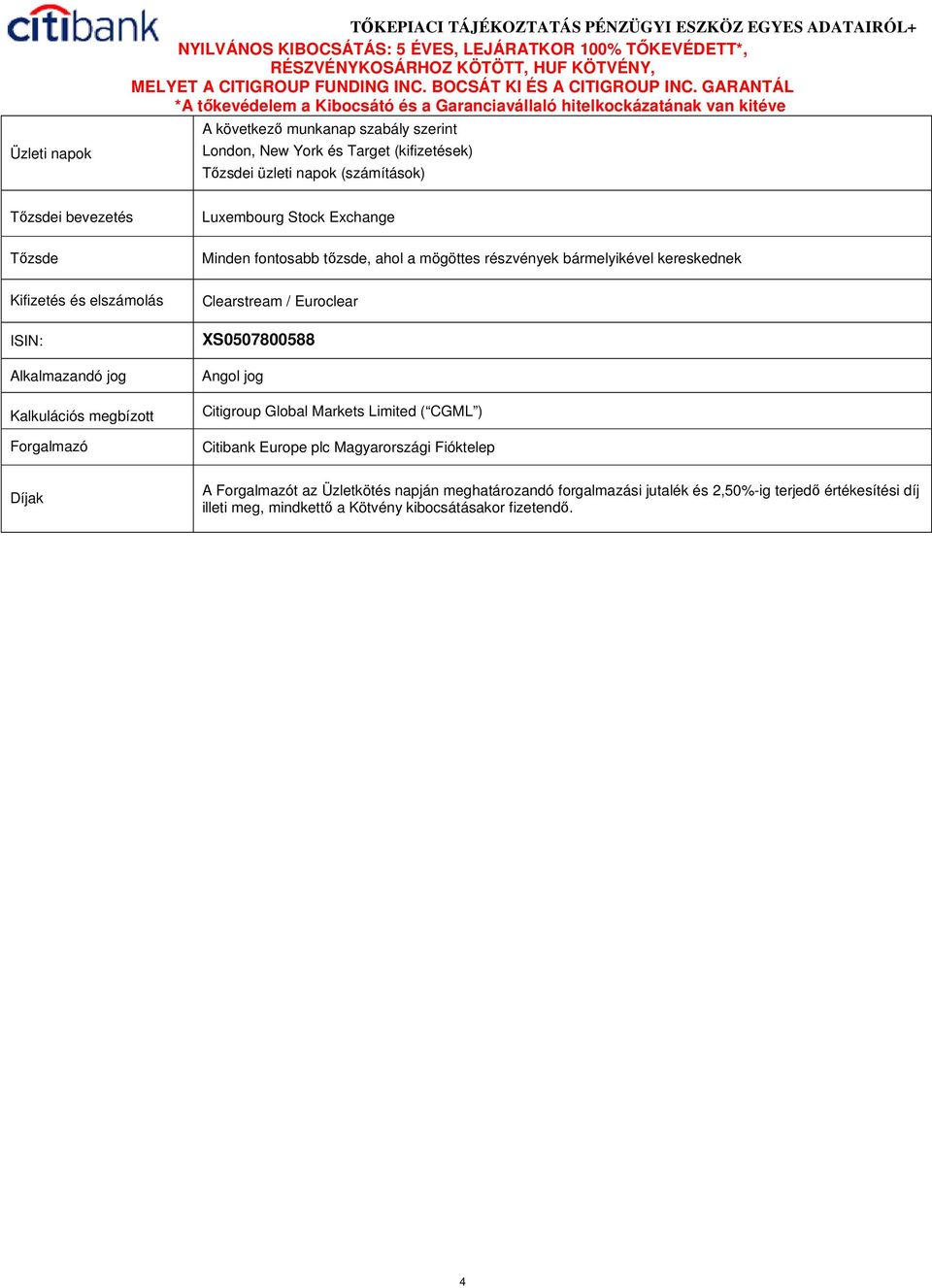 Alkalmazandó jog Kalkulációs megbízott Forgalmazó Clearstream / Euroclear XS0507800588 Angol jog Citigroup Global Markets Limited ( CGML ) Citibank Europe plc