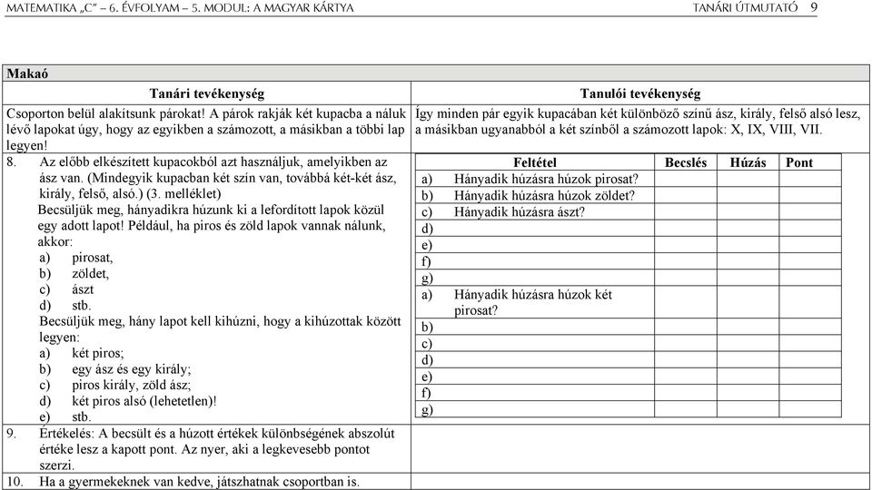 (Mindegyik kupacban két szín van, továbbá két-két ász, király, felső, alsó.) (3. melléklet) Becsüljük meg, hányadikra húzunk ki a lefordított lapok közül egy adott lapot!