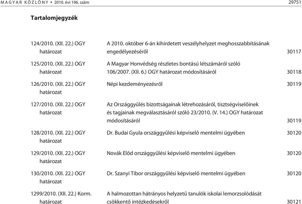 október 6-án kihirdetett veszélyhelyzet meghosszabbításának engedélyezésérõl 30117 A Magyar Honvédség részletes bontású létszámáról szóló 106/2007. (XII. 6.) OGY határozat módosításáról 30118 Népi kezdeményezésrõl 30119 Az Országgyûlés bizottságainak létrehozásáról, tisztségviselõinek és tagjainak megválasztásáról szóló 23/2010.