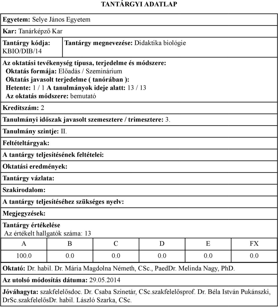 szemesztere / trimesztere: 3. Az értékelt hallgatók száma: 13 100.0 0.0 0.0 0.0 0.0 0.0 Oktató: Dr.