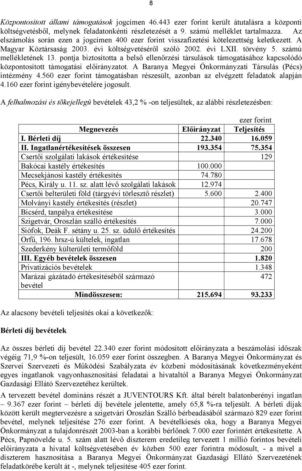 pontja biztosította a belső ellenőrzési társulások támogatásához kapcsolódó központosított támogatási előirányzatot. A Baranya Megyei Önkormányzati Társulás (Pécs) intézmény 4.