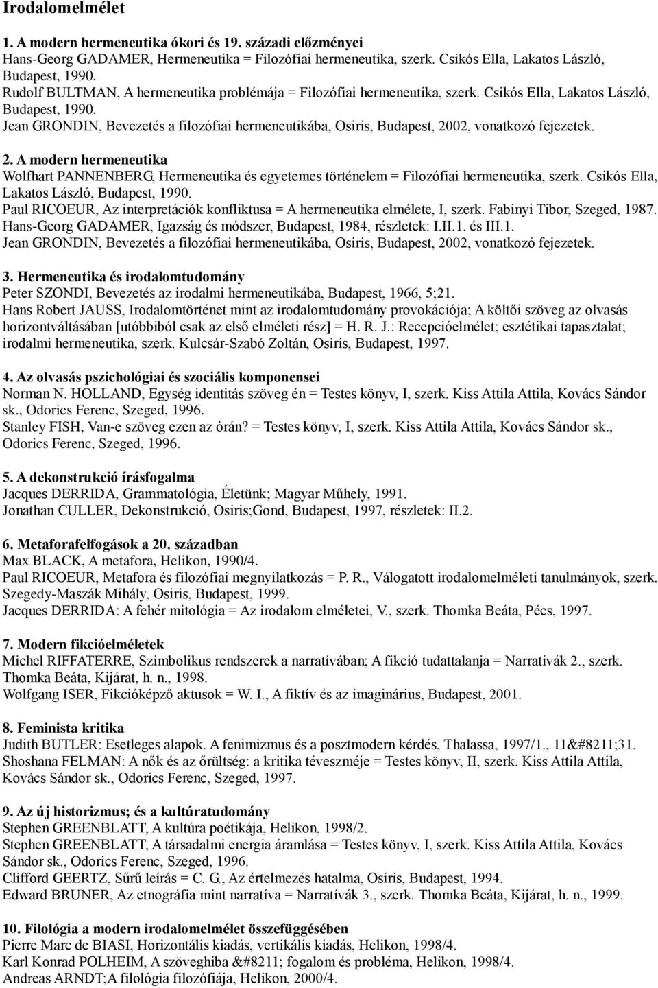 Jean GRONDIN, Bevezetés a filozófiai hermeneutikába, Osiris, Budapest, 2002, vonatkozó fejezetek. 2. A modern hermeneutika Wolfhart PANNENBERG, Hermeneutika és egyetemes történelem = Filozófiai hermeneutika, szerk.