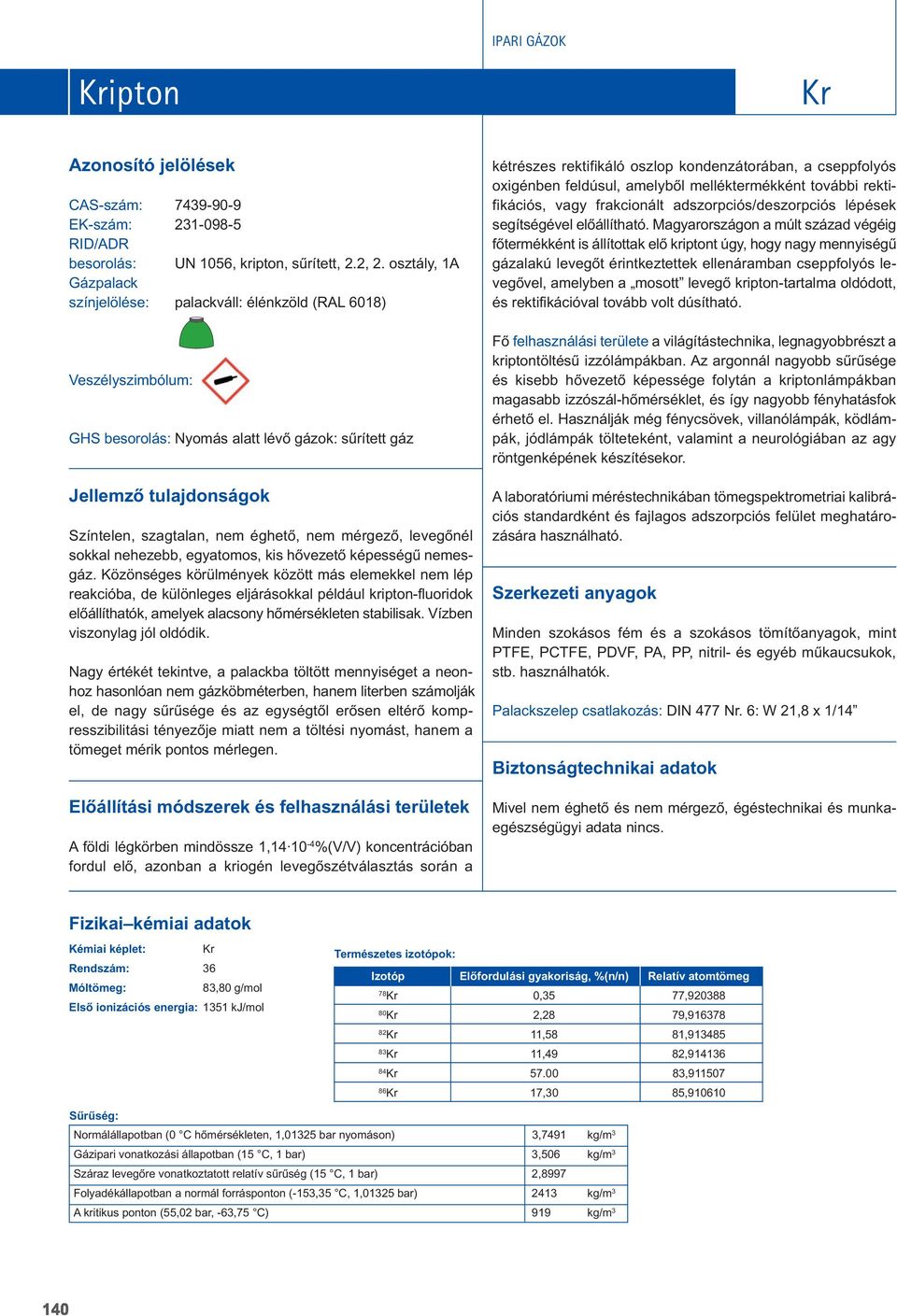 nem mérgezô, levegônél sokkal nehezebb, egyatomos, kis hôvezetô képességû nemesgáz.