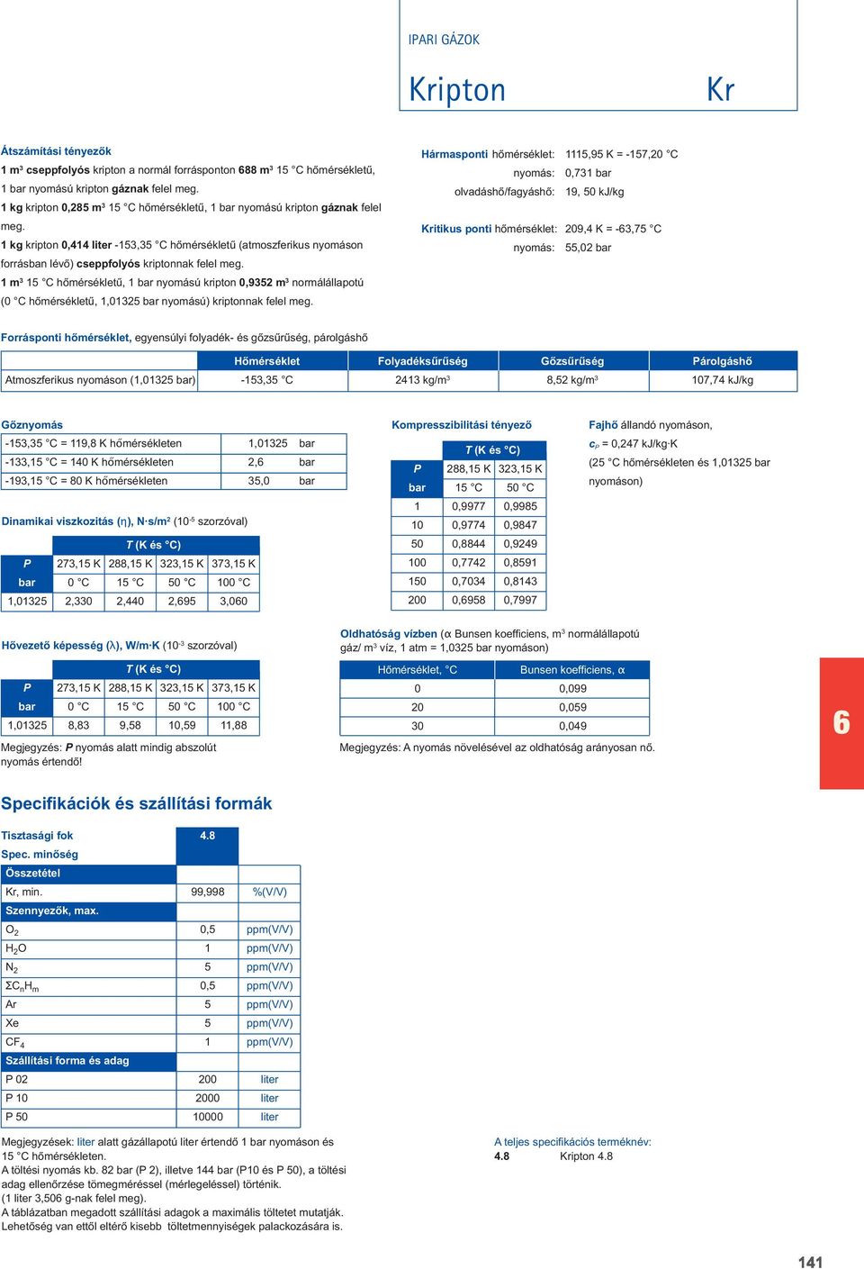 1 15 C hômérsékletû, 1 bar nyomású kripton 0,9352 normálállapotú (0 C hômérsékletû, 1,01325 bar nyomású) kriptonnak felel meg.