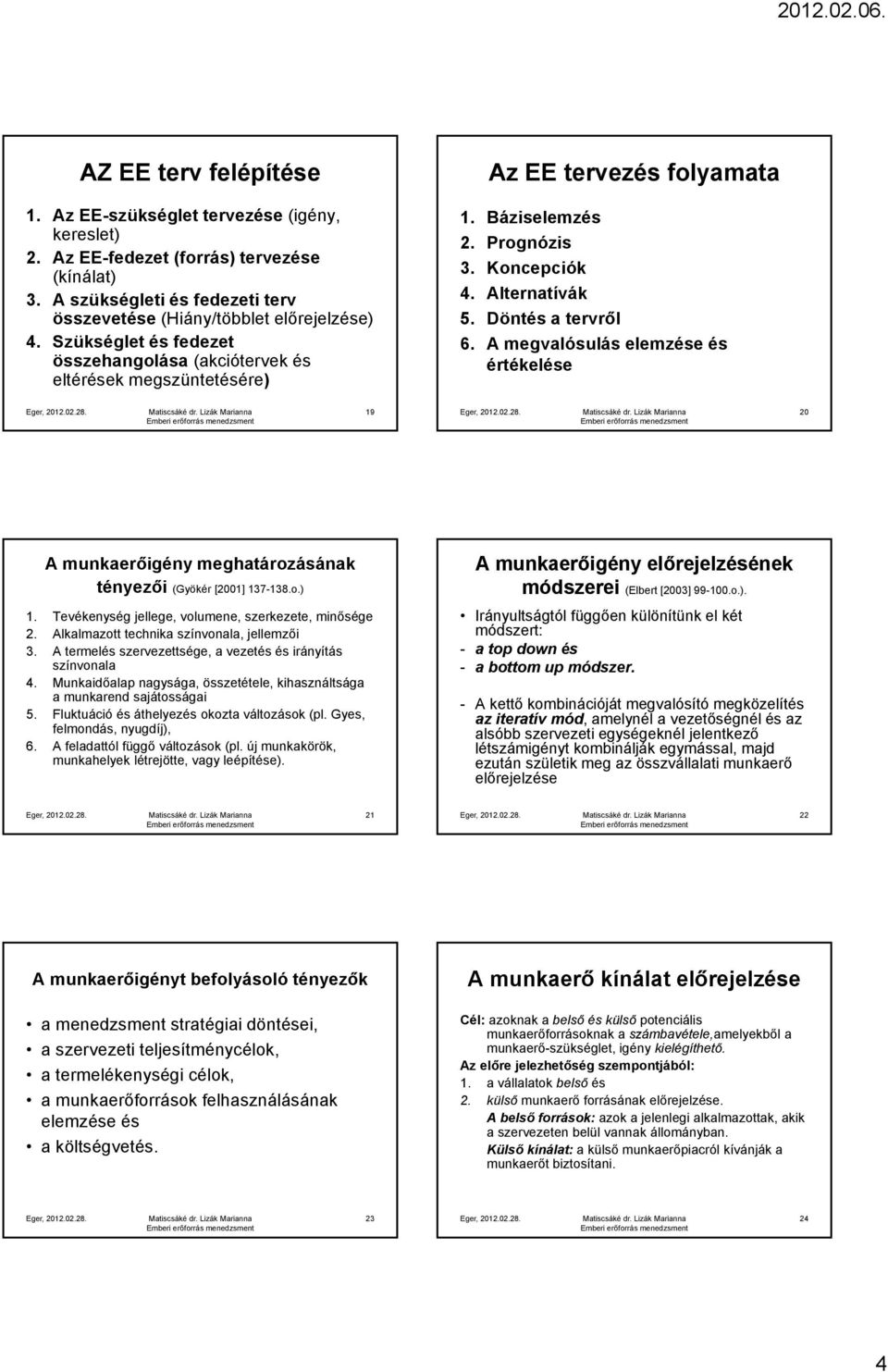 A megvalósulás elemzése és értékelése 19 20 A munkaerőigény meghatározásának tényezői (Gyökér [2001] 137-138.o.) 1. Tevékenység jellege, volumene, szerkezete, minősége 2.