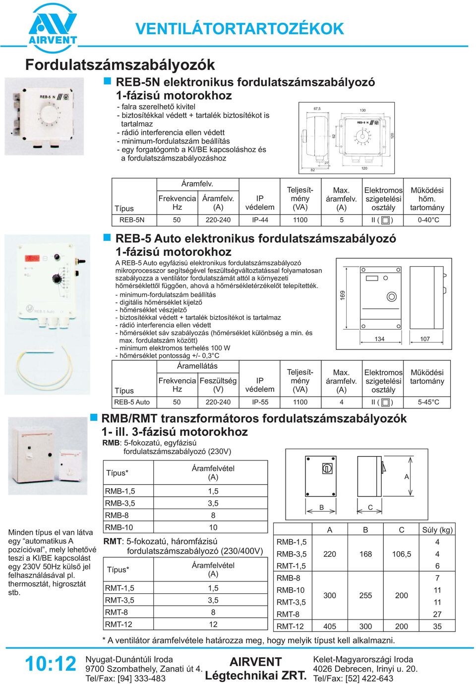 thermosztát, higrosztát st. :2 REB-5N REB-5 Auto elektronikus fordultszámszályozó -fázisú motorokhoz REB-5 Auto RMB/RMT trnszformátoros fordultszámszályozók - ill.