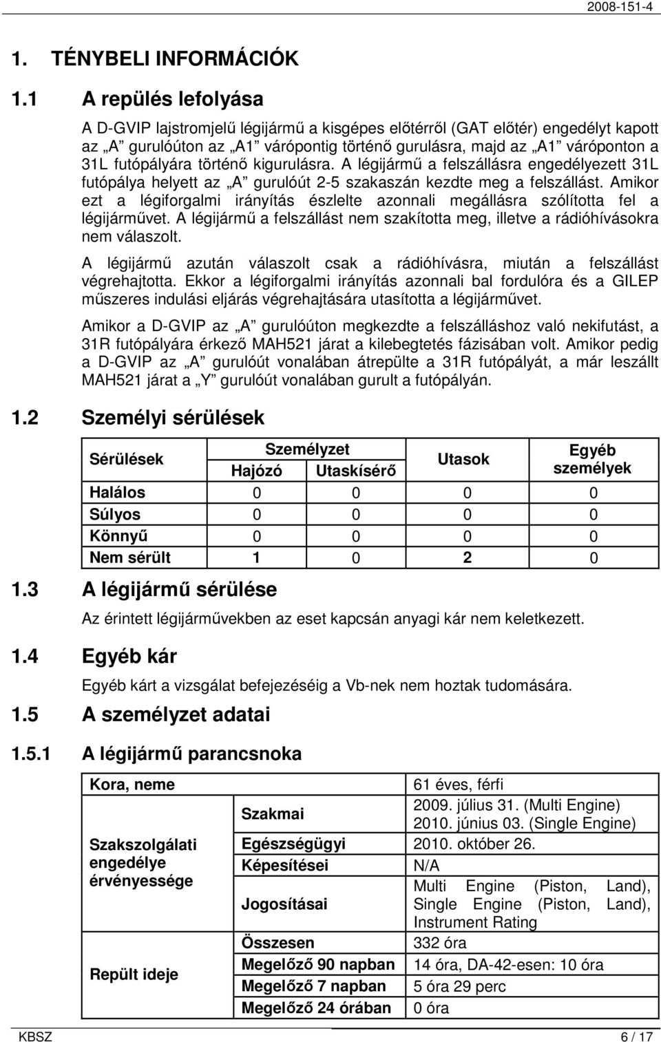 történı kigurulásra. A légijármő a felszállásra engedélyezett 31L futópálya helyett az A gurulóút 2-5 szakaszán kezdte meg a felszállást.