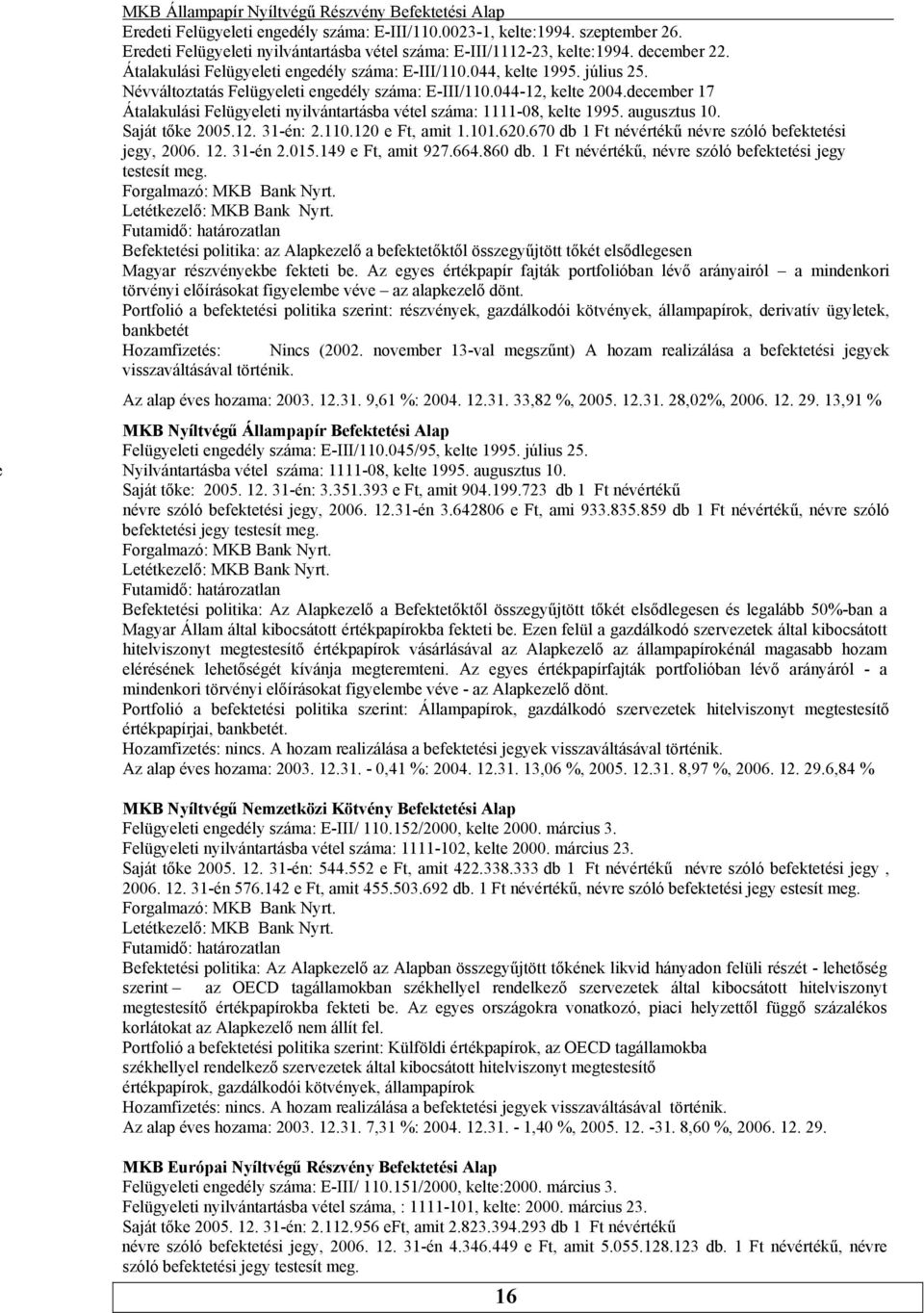 augusztus 10 Saját tőke 200512 31-én: 2110120 e Ft, amit 1101620670 db 1 Ft névértékű névre szóló befektetési jegy, 2006 12 31-én 2015149 e Ft, amit 927664860 db 1 Ft névértékű, névre szóló