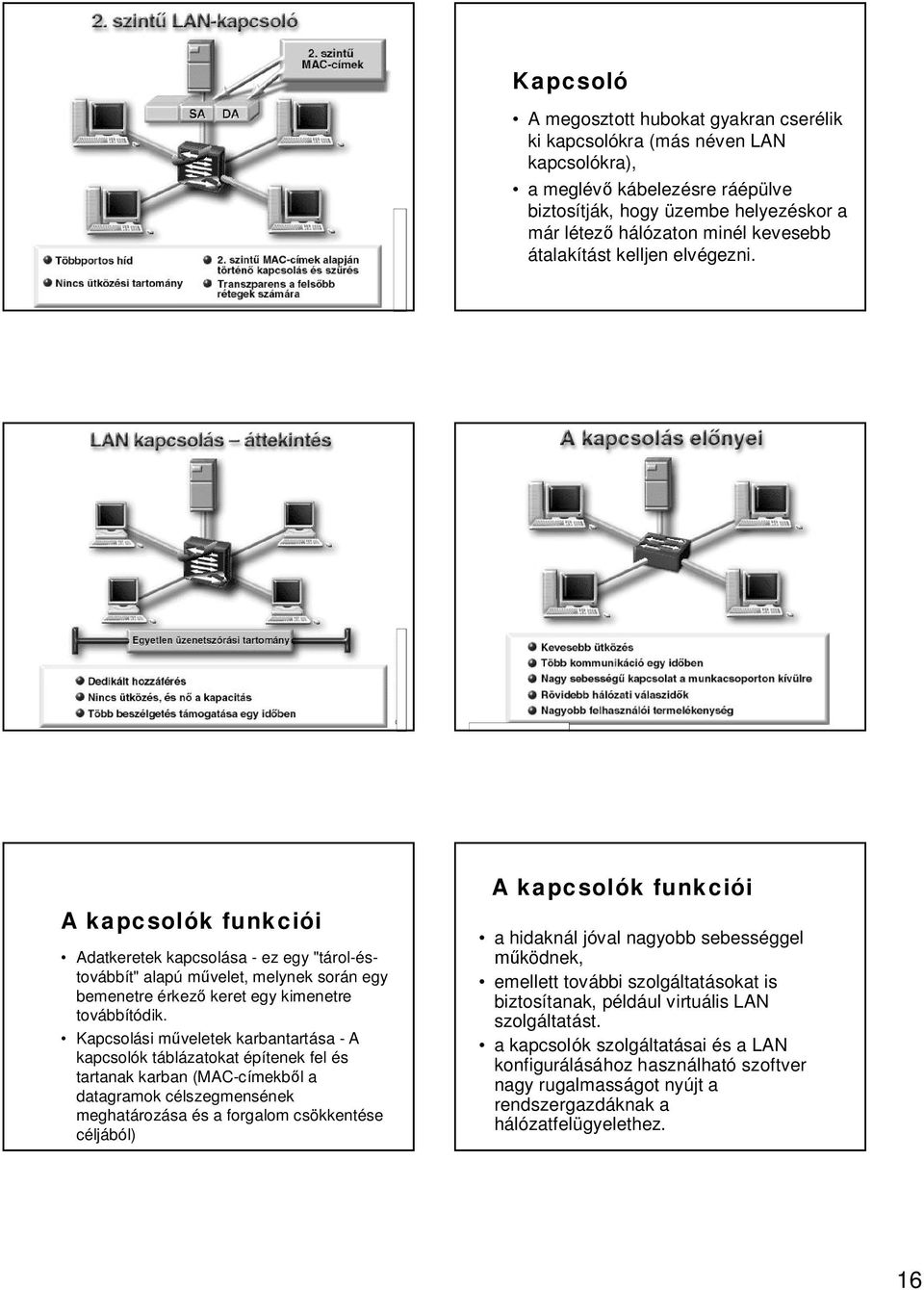 Kapcsolási m veletek karbantartása - A kapcsolók táblázatokat építenek fel és tartanak karban (MAC-címekb l a datagramok célszegmensének meghatározása és a forgalom csökkentése céljából) A kapcsolók