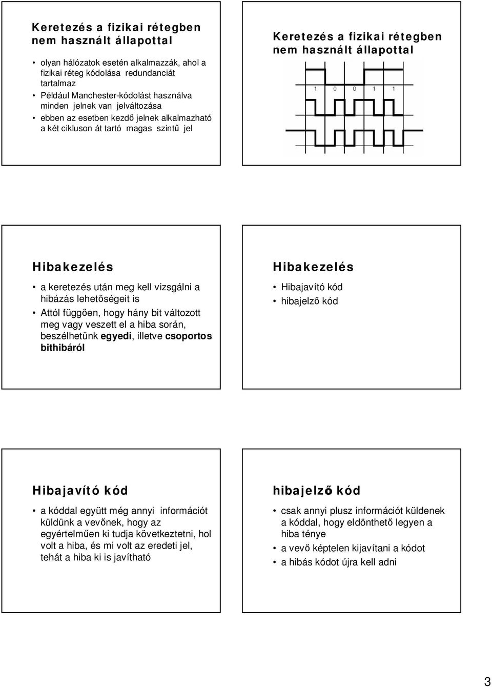 hibázás lehet ségeit is Attól függ en, hogy hány bit változott meg vagy veszett el a hiba során, beszélhetünk egyedi, illetve csoportos bithibáról Hibakezelés Hibajavító kód hibajelz kód Hibajavító