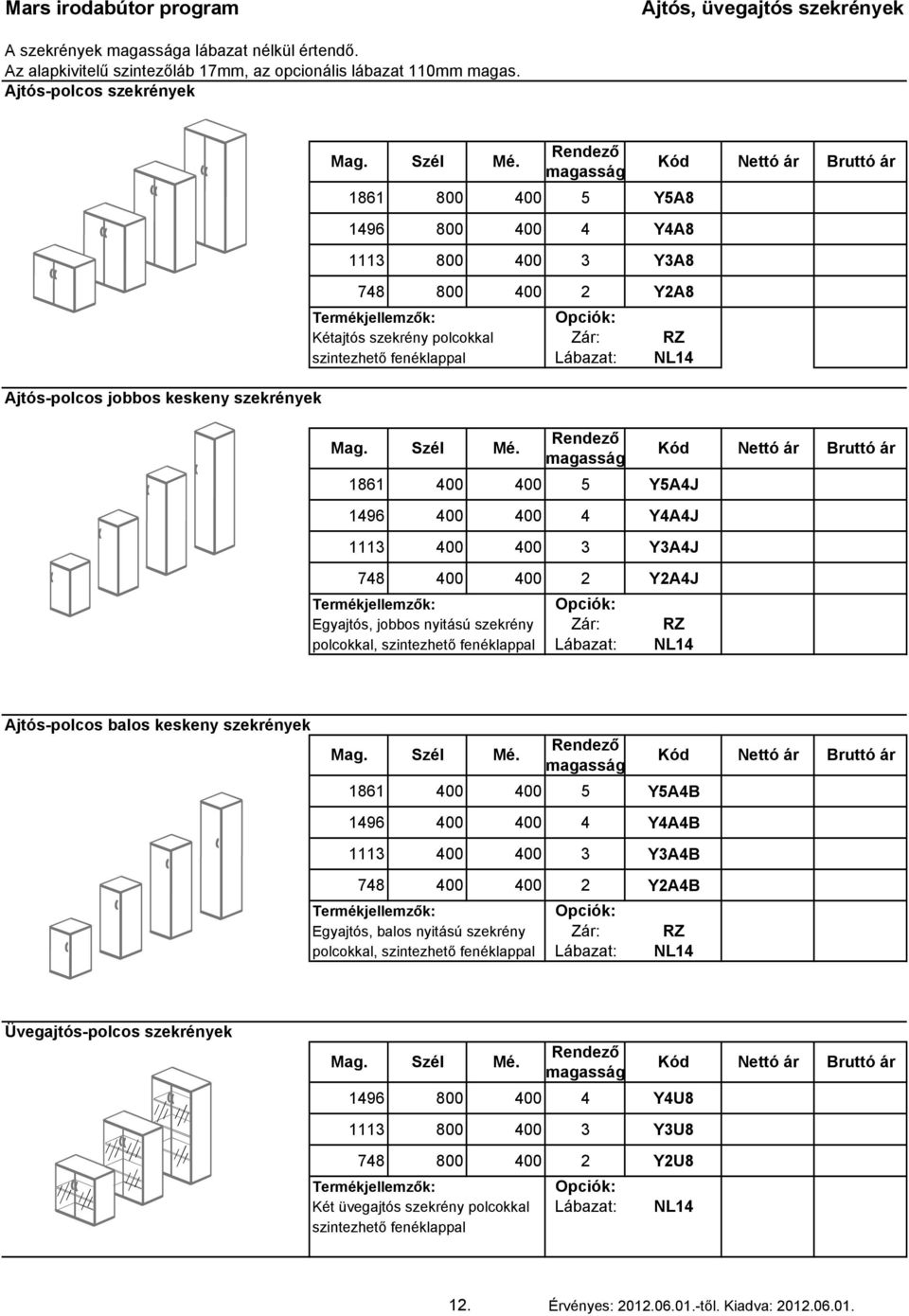 400 400 5 Y5A4J 1496 400 400 4 Y4A4J 1113 400 400 3 Y3A4J 748 400 400 2 Y2A4J Egyajtós, jobbos nyitású szekrény Zár: RZ polcokkal, Lábazat: NL14 Ajtós-polcos balos keskeny szekrények 1861 400 400 5