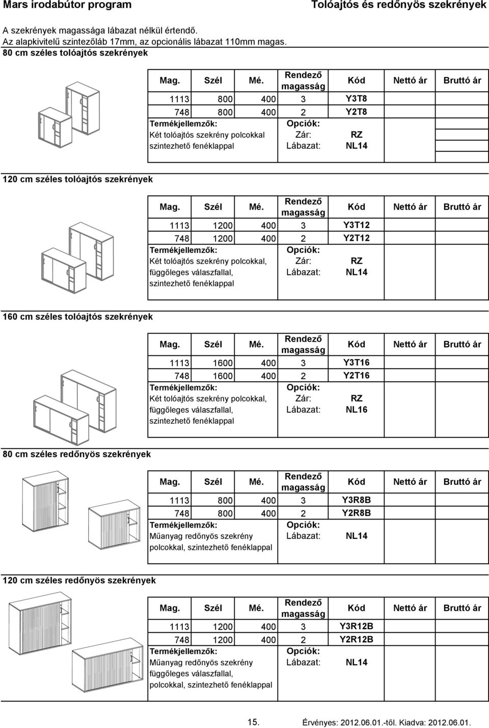 Y2T12 Két tolóajtós szekrény polcokkal, Zár: RZ függőleges válaszfallal, Lábazat: NL14 160 cm széles tolóajtós szekrények 1113 1600 400 3 Y3T16 748 1600 400 2 Y2T16 Két tolóajtós szekrény polcokkal,