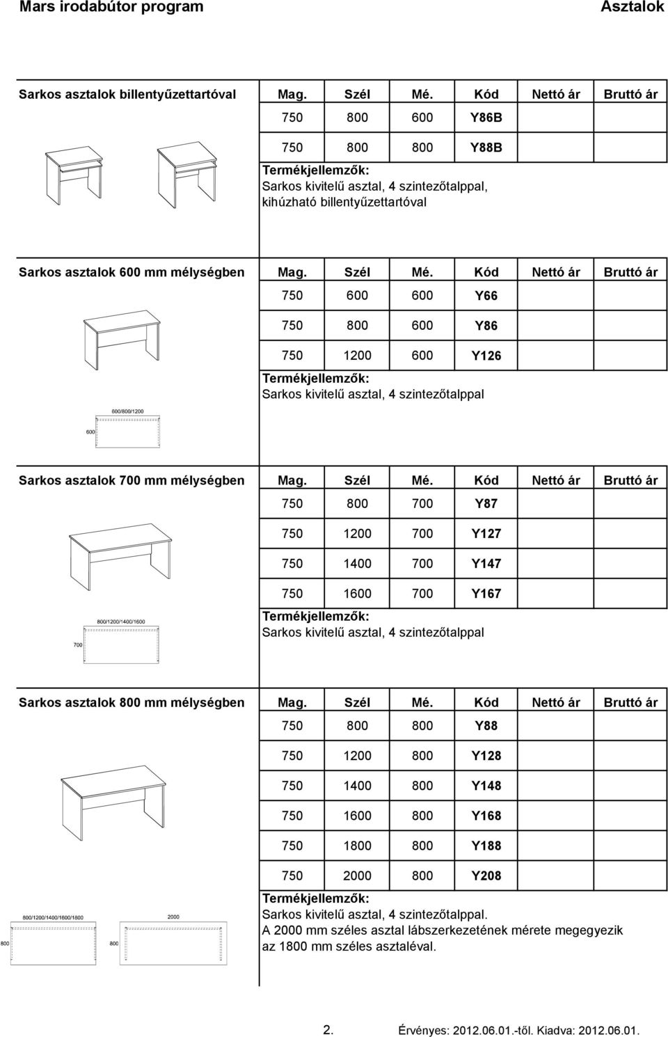 Y147 750 1600 700 Y167 Sarkos asztalok 800 mm mélységben 750 800 800 Y88 750 1200 800 Y128 750 1400 800 Y148 750 1600 800 Y168 750 1800 800 Y188