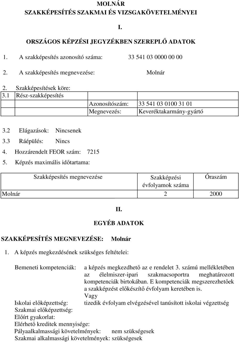 Képzés maximális időtartama: Szakképesítés megnevezése Szakképzési Óraszám évfolyamok száma Molnár 2 2000 II. EGYÉB ADATOK SZAKKÉPESÍTÉS MEGNEVEZÉSE: Molnár 1.