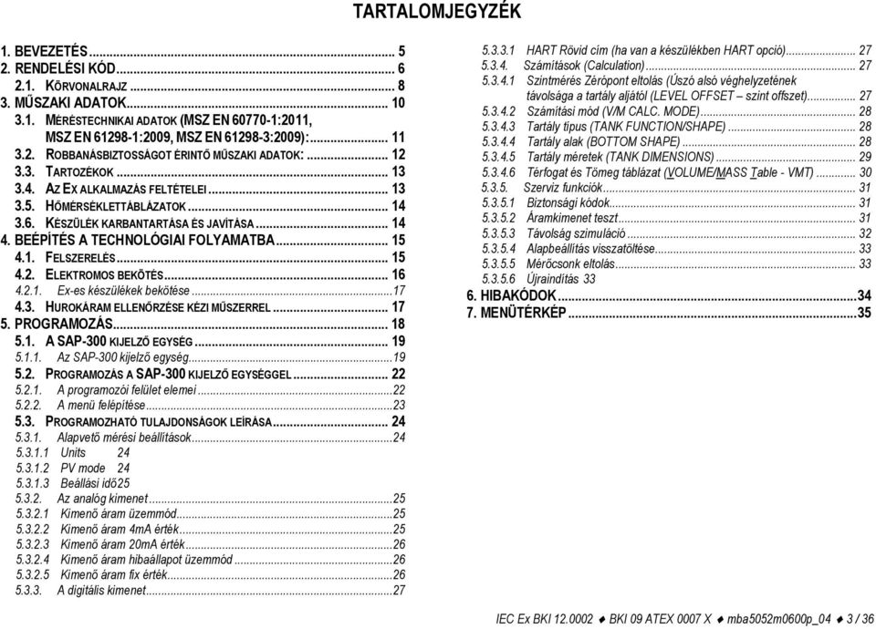 BEÉPÍTÉS A TECHNOLÓGIAI FOLYAMATBA... 15 4.1. FELSZERELÉS... 15 4.2. ELEKTROMOS BEKÖTÉS... 16 4.2.1. Ex-es készülékek bekötése...17 4.3. HUROKÁRAM ELLENŐRZÉSE KÉZI MŰSZERREL... 17 5. PROGRAMOZÁS.