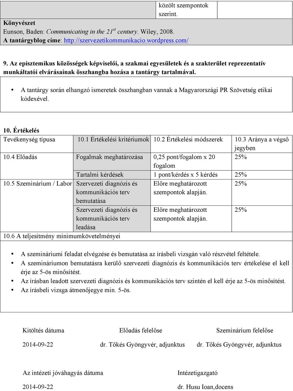 A tantárgy során elhangzó ismeretek összhangban vannak a Magyarországi PR Szövetség etikai kódexével. 10. Értékelés Tevékenység típusa 10.1 Értékelési kritériumok 10.2 Értékelési módszerek 10.