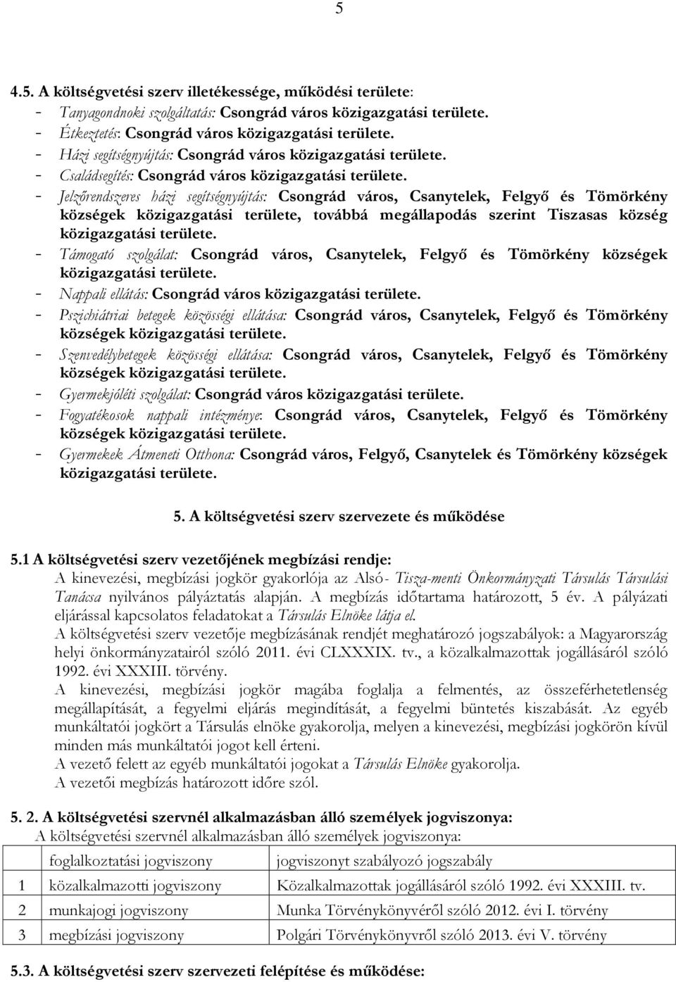 - Jelzőrendszeres házi segítségnyújtás: Csongrád város, Csanytelek, Felgyő és Tömörkény községek közigazgatási területe, továbbá megállapodás szerint Tiszasas község közigazgatási területe.