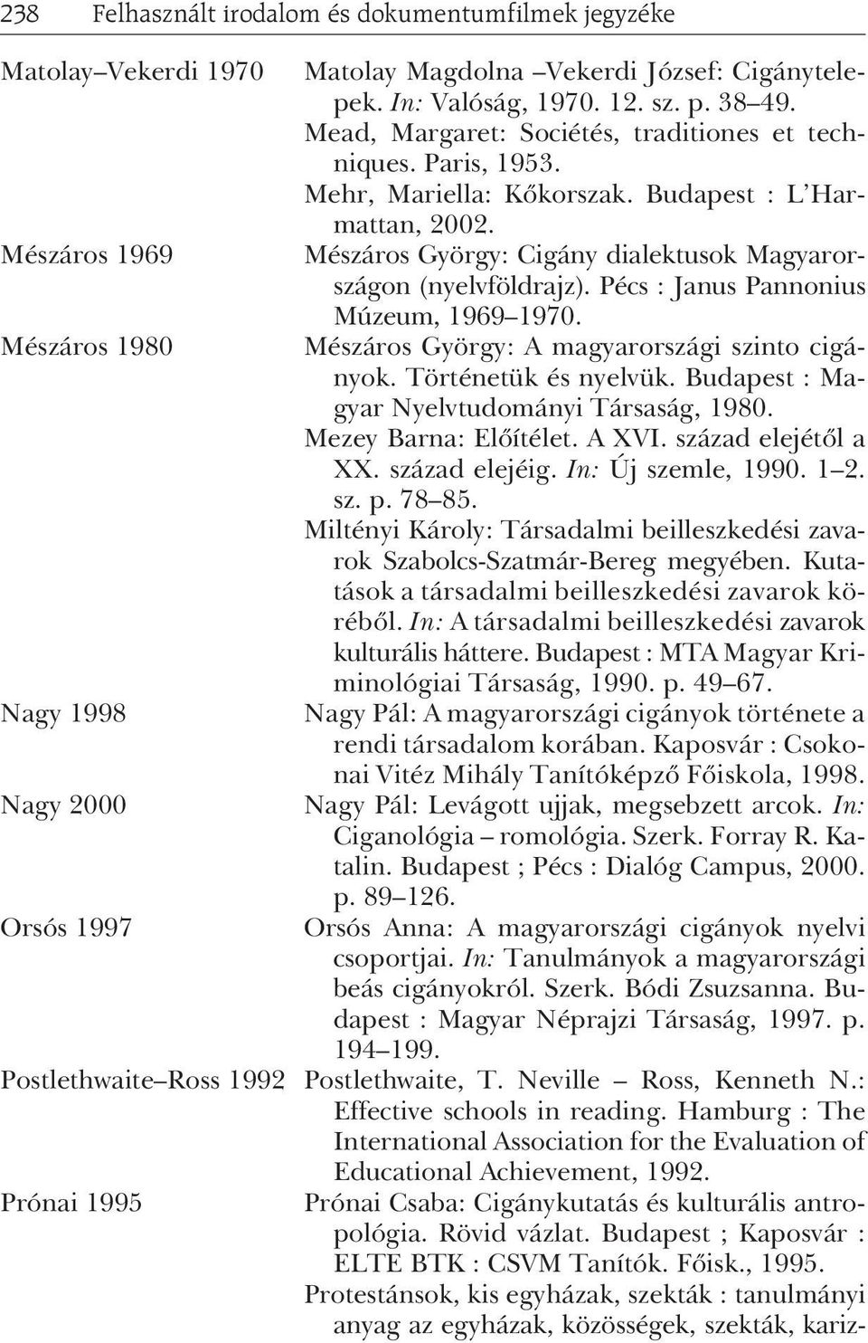 Mészáros György: Cigány dialektusok Magyarországon (nyelvföldrajz). Pécs : Janus Pannonius Múzeum, 1969 1970. Mészáros György: A magyarországi szinto cigányok. Történetük és nyelvük.