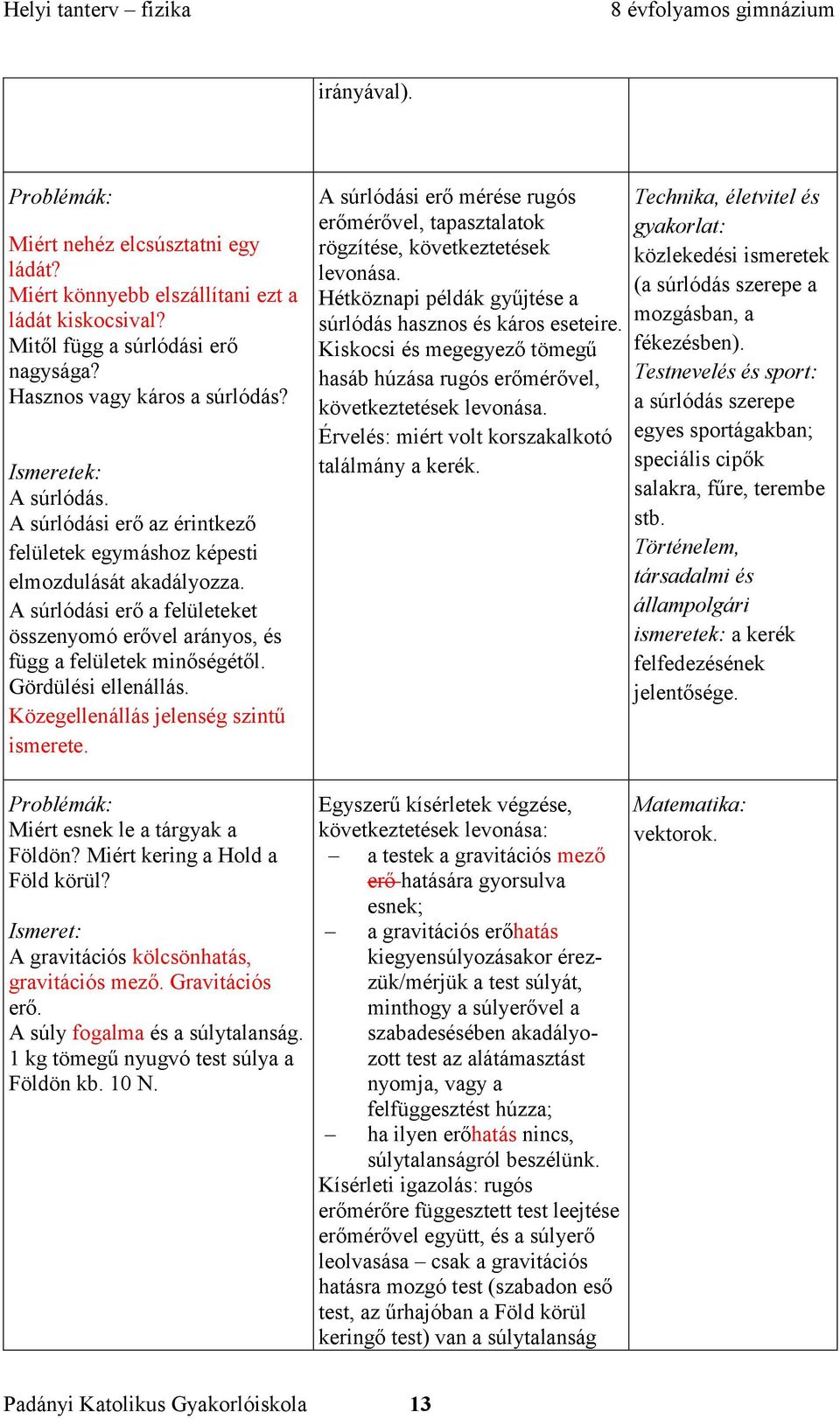 Közegellenállás jelenség szintű ismerete. A súrlódási erő mérése rugós erőmérővel, tapasztalatok rögzítése, következtetések levonása. Hétköznapi példák gyűjtése a súrlódás hasznos és káros eseteire.