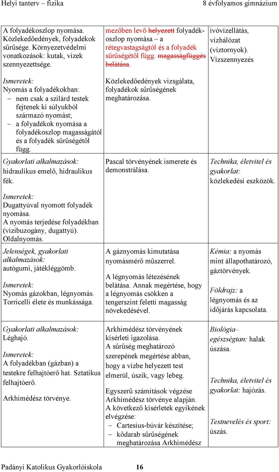 Vízszennyezés Nyomás a folyadékokban: nem csak a szilárd testek fejtenek ki súlyukból származó nyomást; a folyadékok nyomása a folyadékoszlop magasságától és a folyadék sűrűségétől függ.