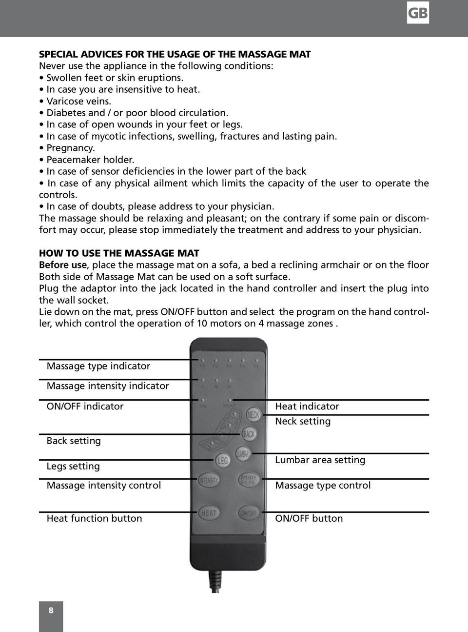 In case of sensor deficiencies in the lower part of the back In case of any physical ailment which limits the capacity of the user to operate the controls.