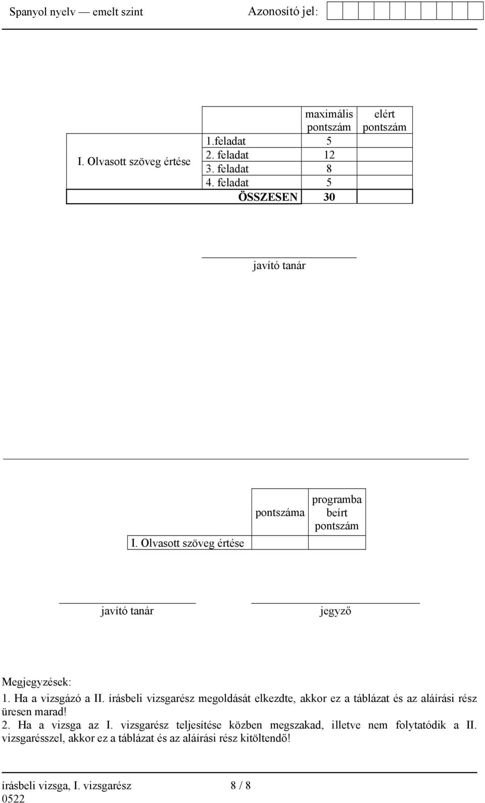 írásbeli vizsgarész megoldását elkezdte, akkor ez a táblázat és az aláírási rész üresen marad! 2. Ha a vizsga az I.
