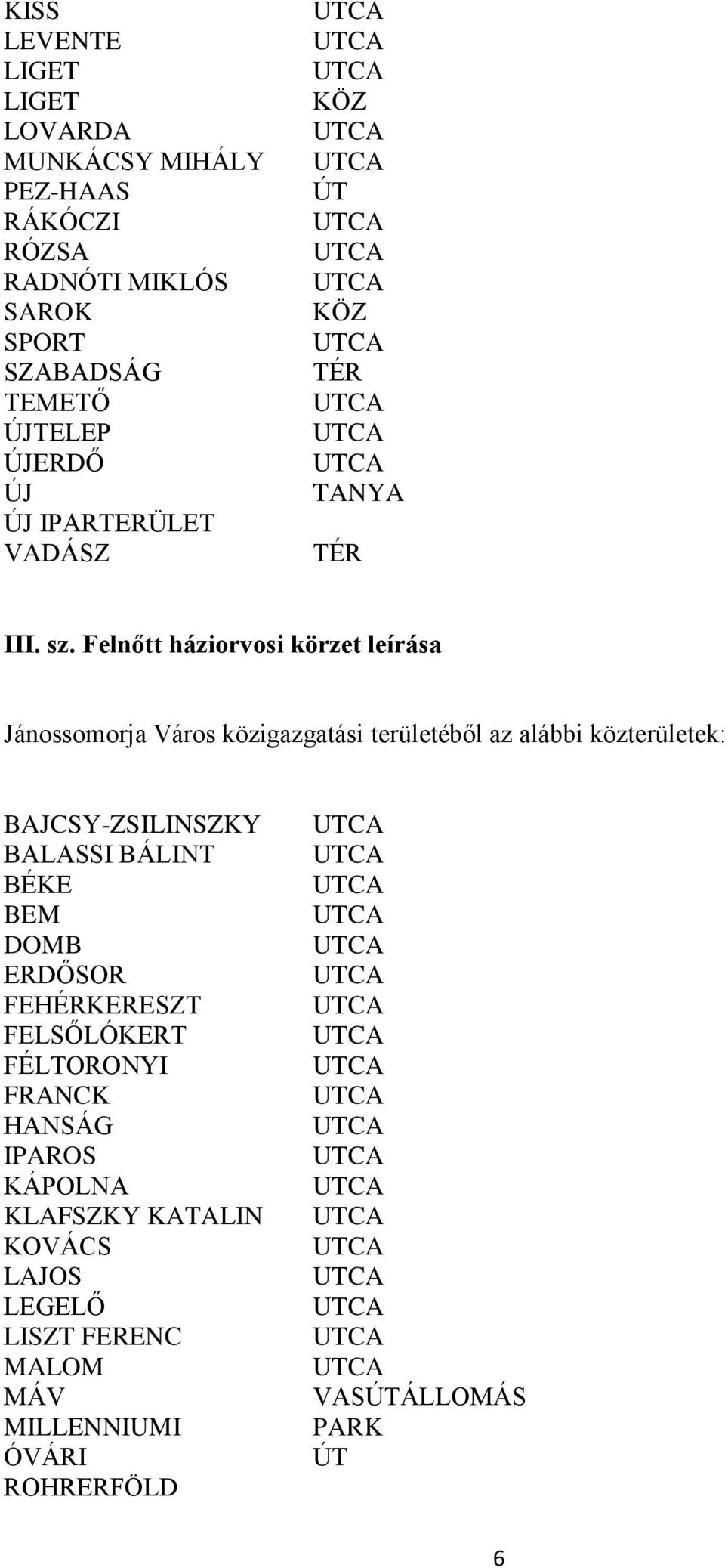 Felnőtt háziorvosi körzet leírása Jánossomorja Város közigazgatási területéből az alábbi közterületek: BAJCSY-ZSILINSZKY BALASSI