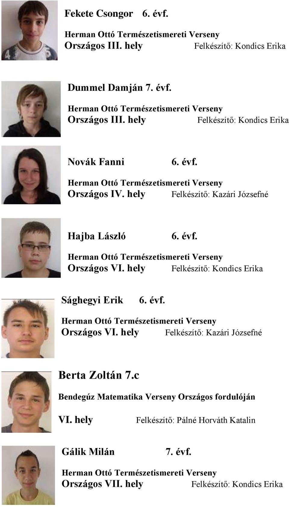 hely Felkészítő: Kondics Erika Sághegyi Erik 6. évf. Országos VI. hely Felkészítő: Kazári Józsefné Berta Zoltán 7.