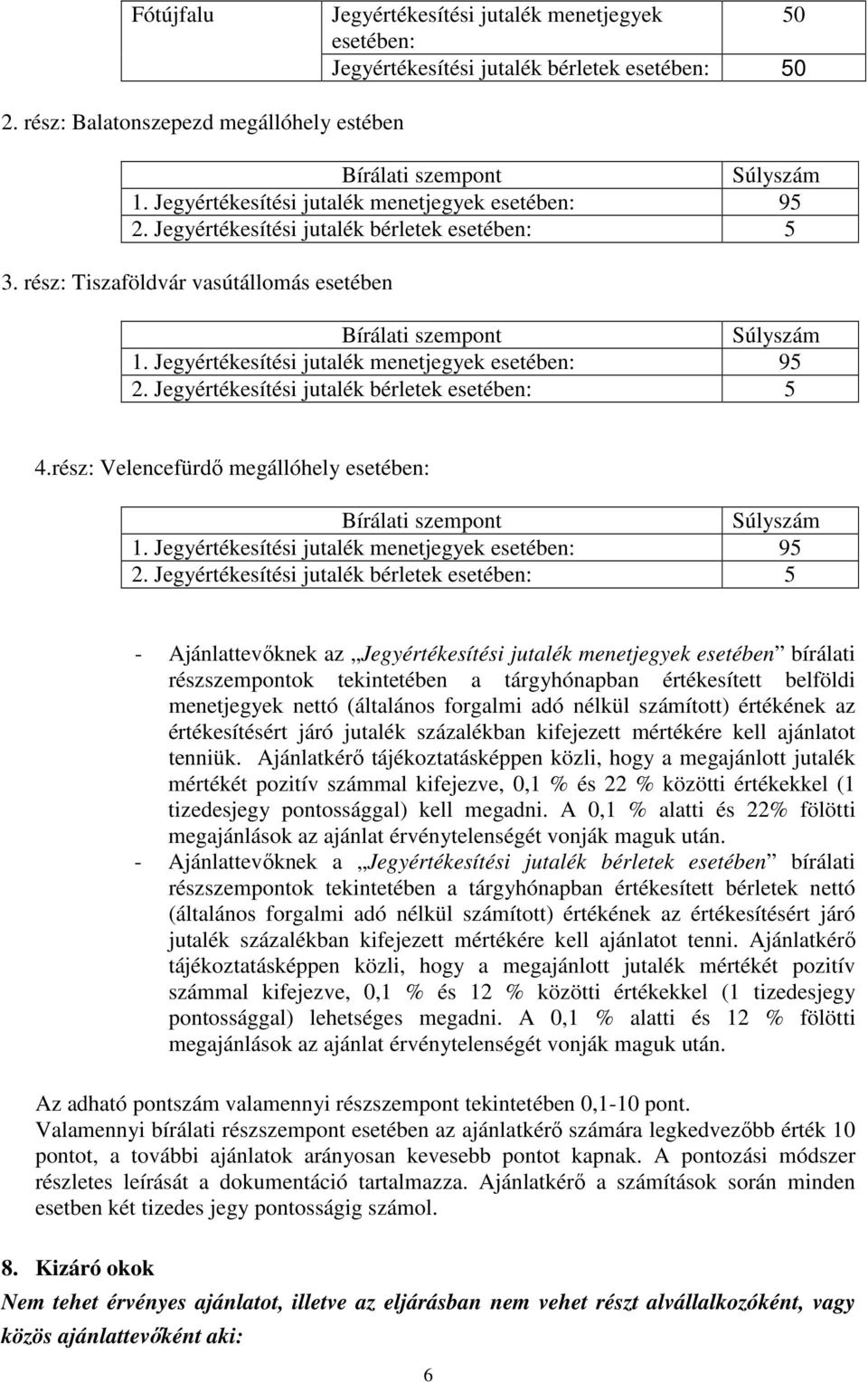 Jegyértékesítési jutalék menetjegyek esetében: 95 2. Jegyértékesítési jutalék bérletek esetében: 5 4.rész: Velencefürdő megállóhely esetében: Bírálati szempont Súlyszám 1.