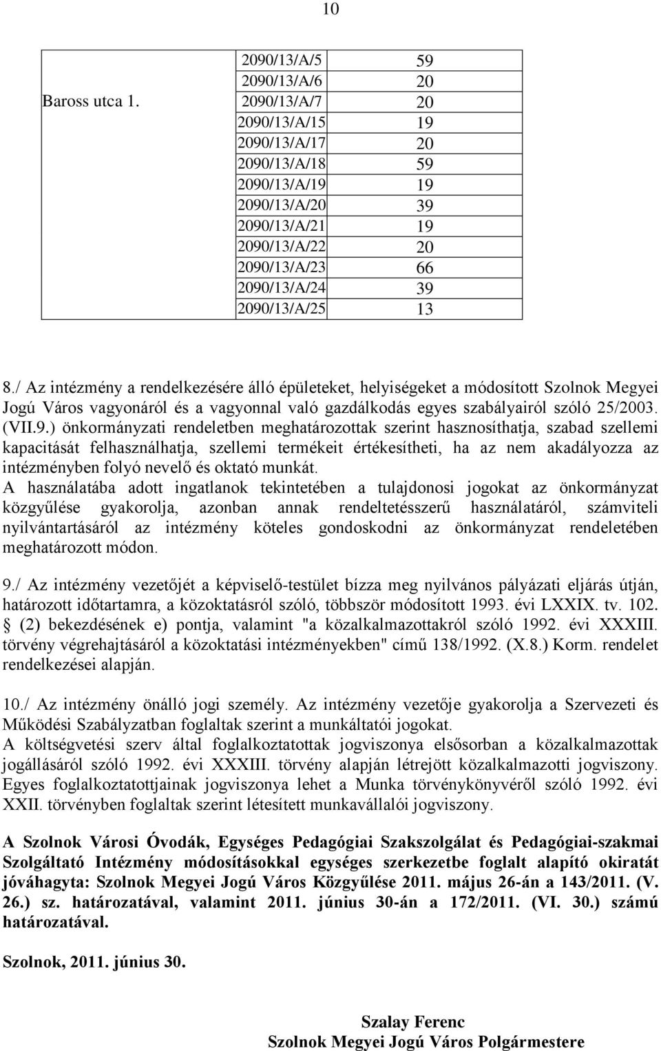 2090/13/A/25 13 8./ Az intézmény a rendelkezésére álló épületeket, helyiségeket a módosított Szolnok Megyei Jogú Város vagyonáról és a vagyonnal való gazdálkodás egyes szabályairól szóló 25/2003.