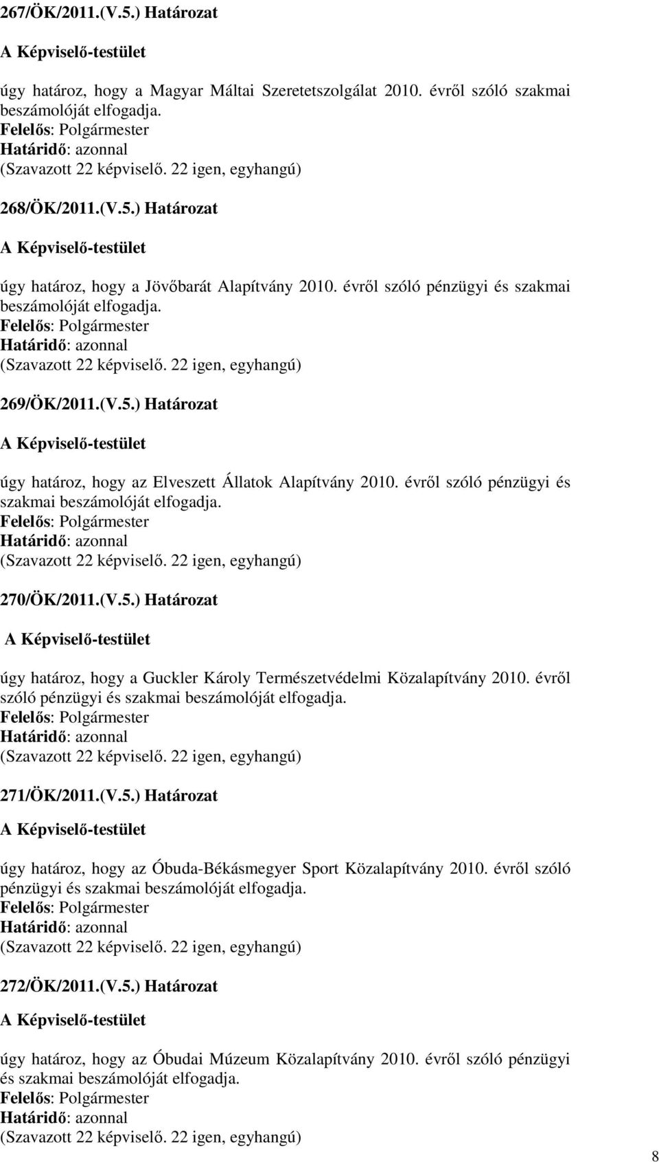 270/ÖK/2011.(V.5.) Határozat úgy határoz, hogy a Guckler Károly Természetvédelmi Közalapítvány 2010. évrıl szóló pénzügyi és szakmai beszámolóját elfogadja. 271/ÖK/2011.(V.5.) Határozat úgy határoz, hogy az Óbuda-Békásmegyer Sport Közalapítvány 2010.