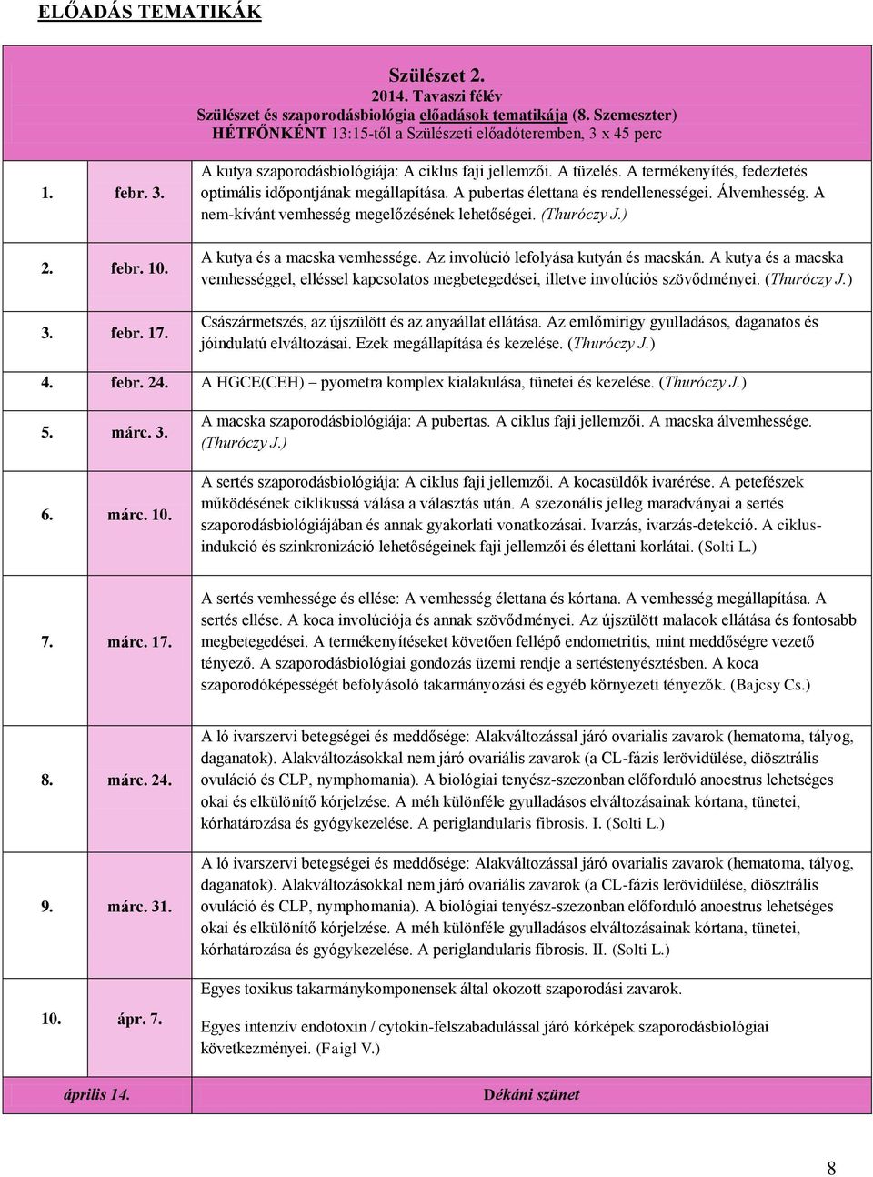 A nem-kívánt vemhesség megelőzésének lehetőségei. (Thuróczy J.) A kutya és a macska vemhessége. Az involúció lefolyása kutyán és macskán.