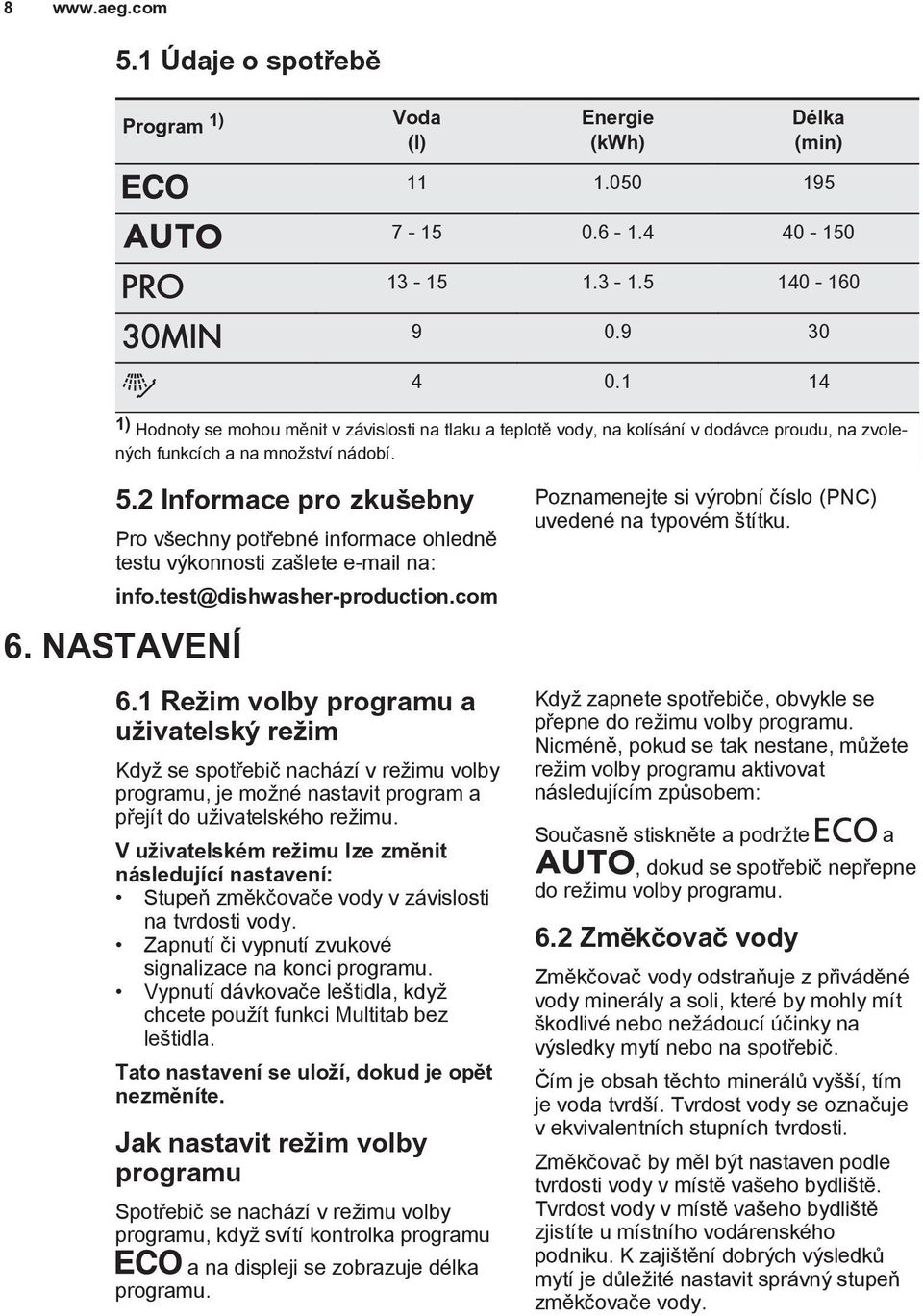 2 Informace pro zkušebny Pro všechny potřebné informace ohledně testu výkonnosti zašlete e-mail na: info.test@dishwasher-production.com 6. NASTAVENÍ 6.