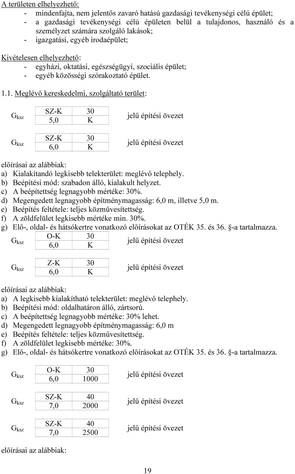 1. Meglévő kereskedelmi, szolgáltató terület: SZ-K 30 G ksz 5,0 K SZ-K 30 G ksz 6,0 K a) Kialakítandó legkisebb telekterület: meglévő telephely. b) Beépítési mód: szabadon álló, kialakult helyzet.