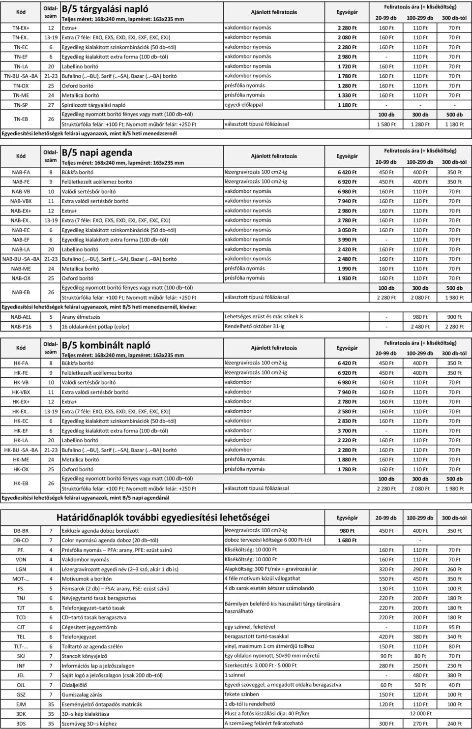 kialakított extra forma (100 db tól) vakdombor nyomás 2 110 Ft 70 Ft TNLA 20 Labellino borító vakdombor nyomás 1 720 Ft 160 Ft 110 Ft 70 Ft TNBU SA BA 2123 Bufalino (.. BU), Sarif (.. SA), Bazar (.