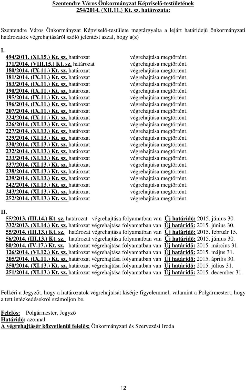 171/2014. (VIII.15.) Kt. sz. határozat végrehajtása megtörtént. 180/2014. (IX.11.) Kt. sz. határozat végrehajtása megtörtént. 181/2014. (IX.11.) Kt. sz. határozat végrehajtása megtörtént. 183/2014.