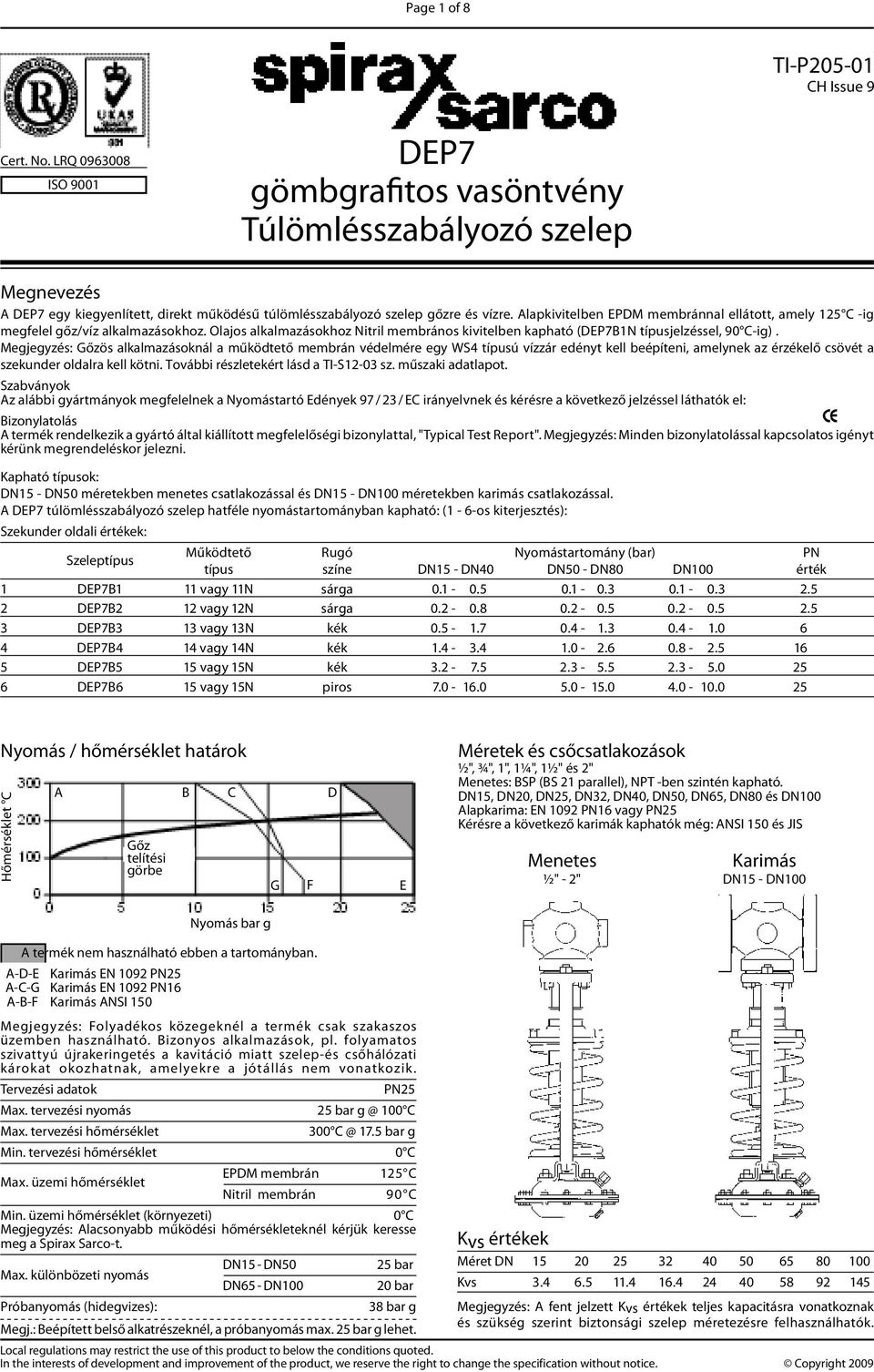 lapkivitelben EPDM membránnal ellátott, amely 125 C -ig megfelel gőz/víz alkalmazásokhoz. Olajos alkalmazásokhoz Nitril membrános kivitelben kapható (DEP7B1N típusjelzéssel, 90 C-ig).