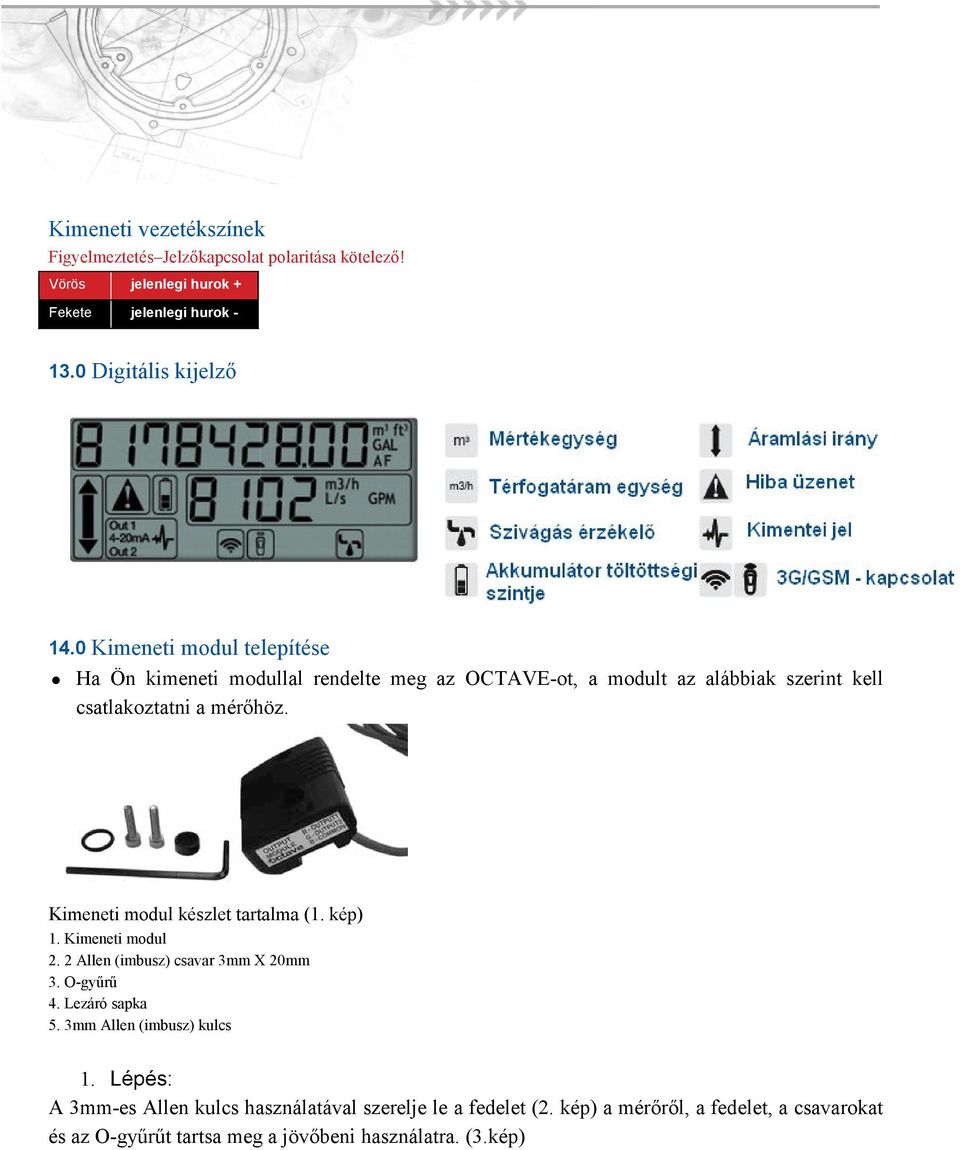 Kimeneti modul készlet tartalma (1. kép) 1. Kimeneti modul 2. 2 Allen (imbusz) csavar 3mm X 20mm 3. O-gyűrű 4. Lezáró sapka 5.