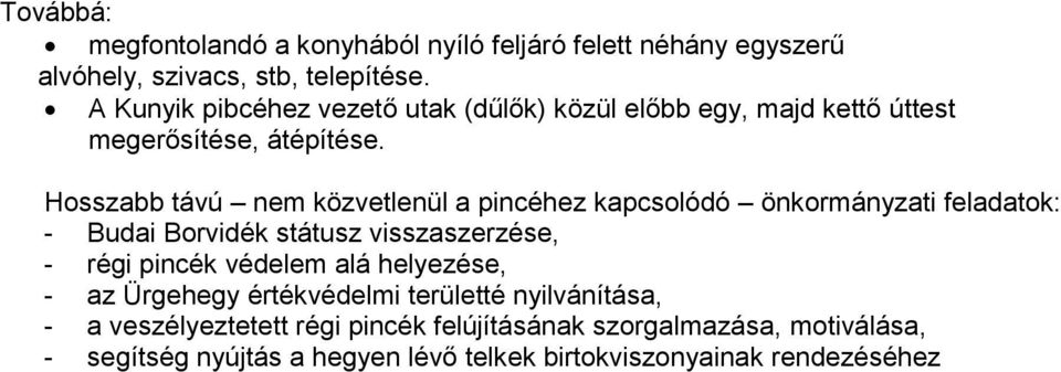 Hosszabb távú nem közvetlenül a pincéhez kapcsolódó önkormányzati feladatok: - Budai Borvidék státusz visszaszerzése, - régi pincék