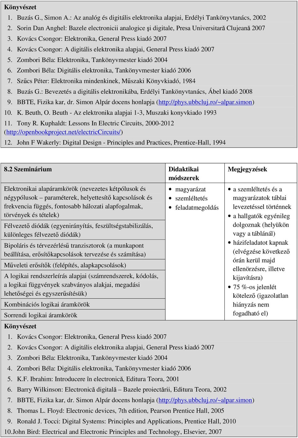 Kovács Csongor: A digitális elektronika alapjai, General Press kiadó 2007 5. Zombori Béla: Elektronika, Tankönyvmester kiadó 2004 6. Zombori Béla: Digitális elektronika, Tankönyvmester kiadó 2006 7.