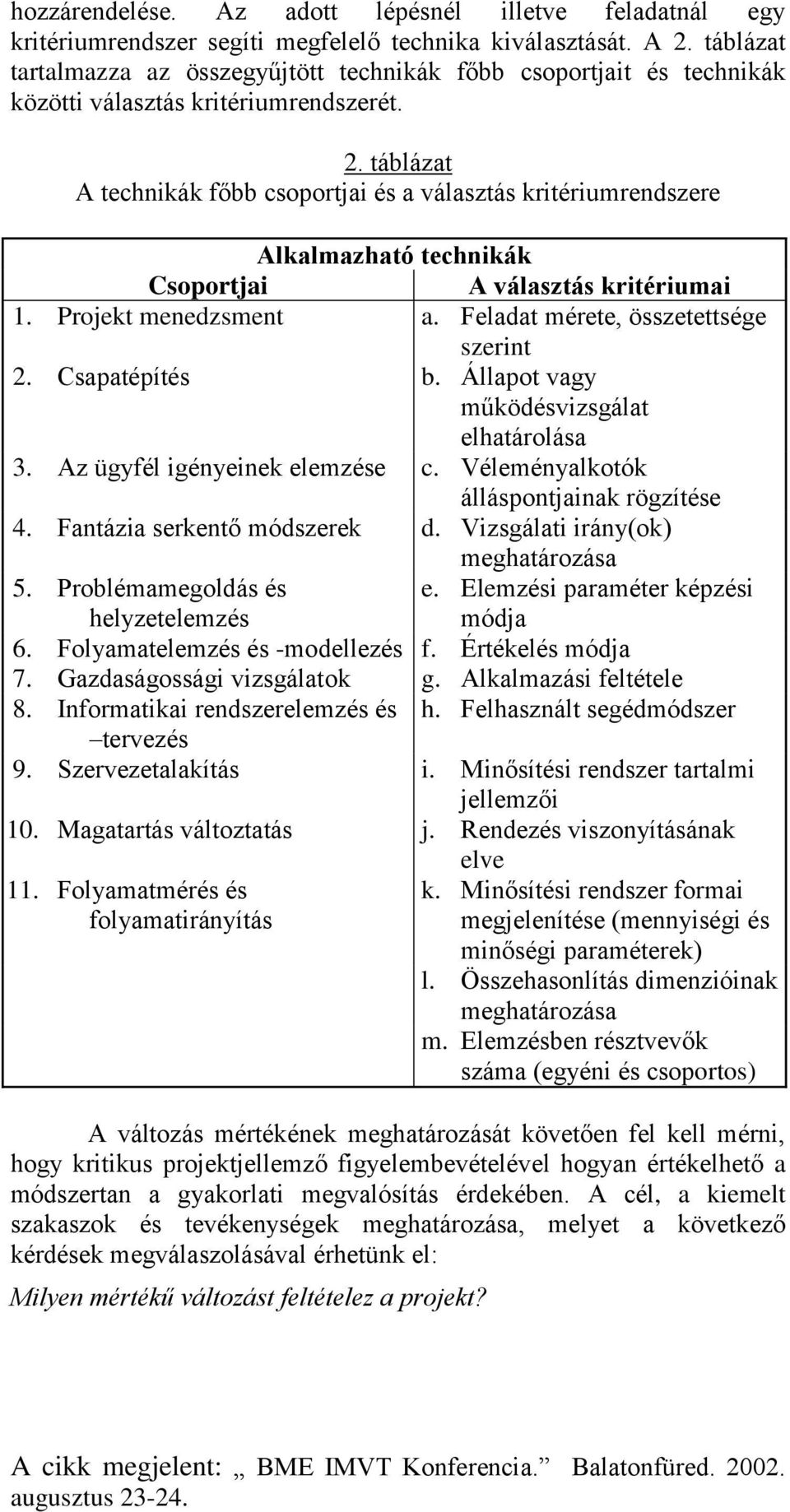táblázat A technikák főbb csoportjai és a választás kritériumrendszere Alkalmazható technikák Csoportjai A választás kritériumai 1. Projekt menedzsment a. Feladat mérete, összetettsége szerint 2.