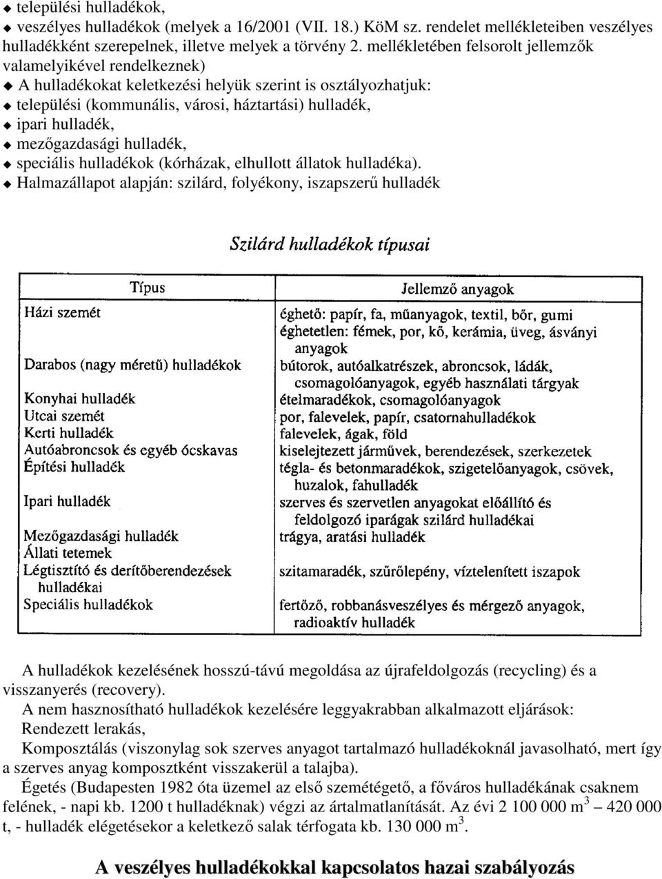 mezgazdasági hulladék, speciális hulladékok (kórházak, elhullott állatok hulladéka).