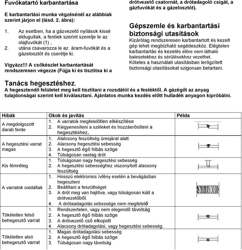 !! A csőkészlet karbantartását rendszeresen végezze (Fújja ki és tisztítsa ki a drótvezető csatornát, a drótadagoló csigát, a gázfuvókát és a gázelosztót).