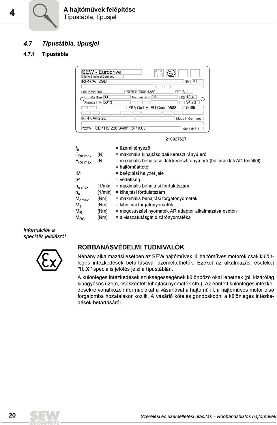 1 Típustábla SEW - Eurodrive 76646 Bruchsal/Germany RF47/A/II2GD IM M1 na r/min 40 ne max r/min 1380 fb 3,1 Ma Nm 89 Me max Nm 2,6 kg 13,4 Fra max N 5313 i 34,73 FSA GmbH, EU Code 0588 IP 65