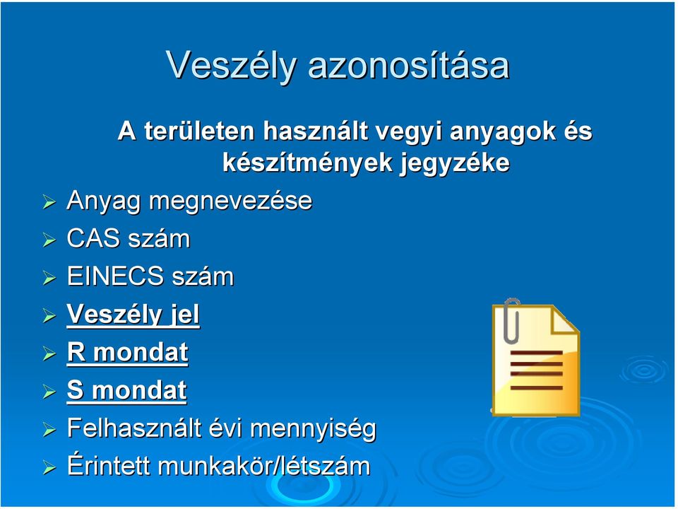 CAS szám EINECS szám Veszély jel R mondat S mondat